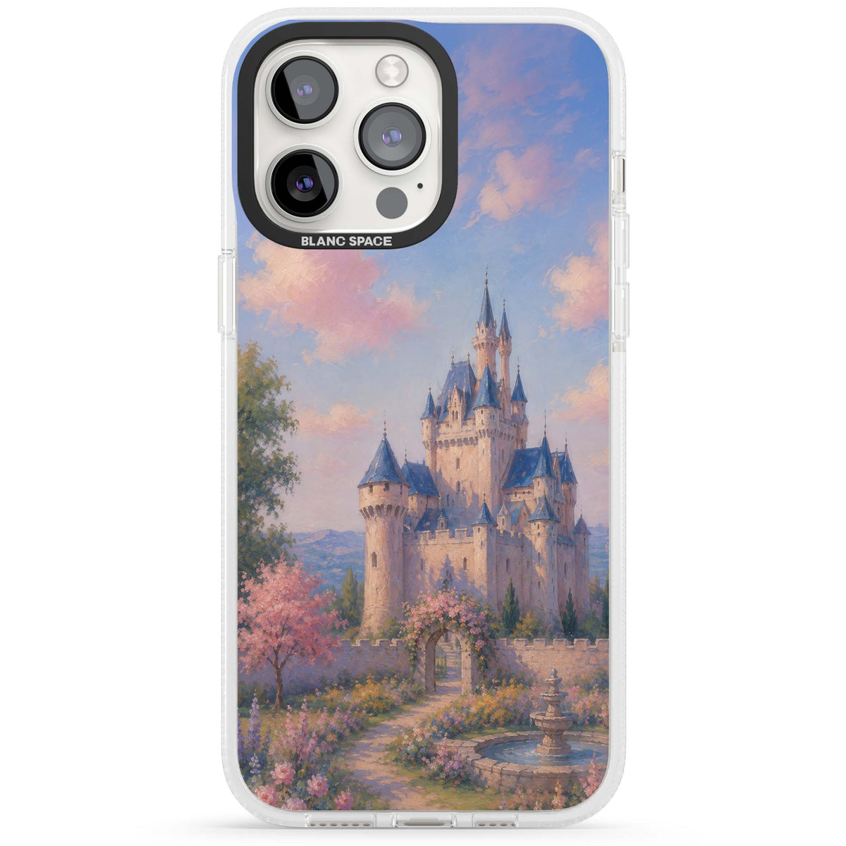 Enchanted Kingdom fairytale iPhone case featuring a romantic castle painting with cherry blossoms and pastel pink sky | Clear Case Impact Air case for iPhone 15 Pro, iPhone 15 Pro Max