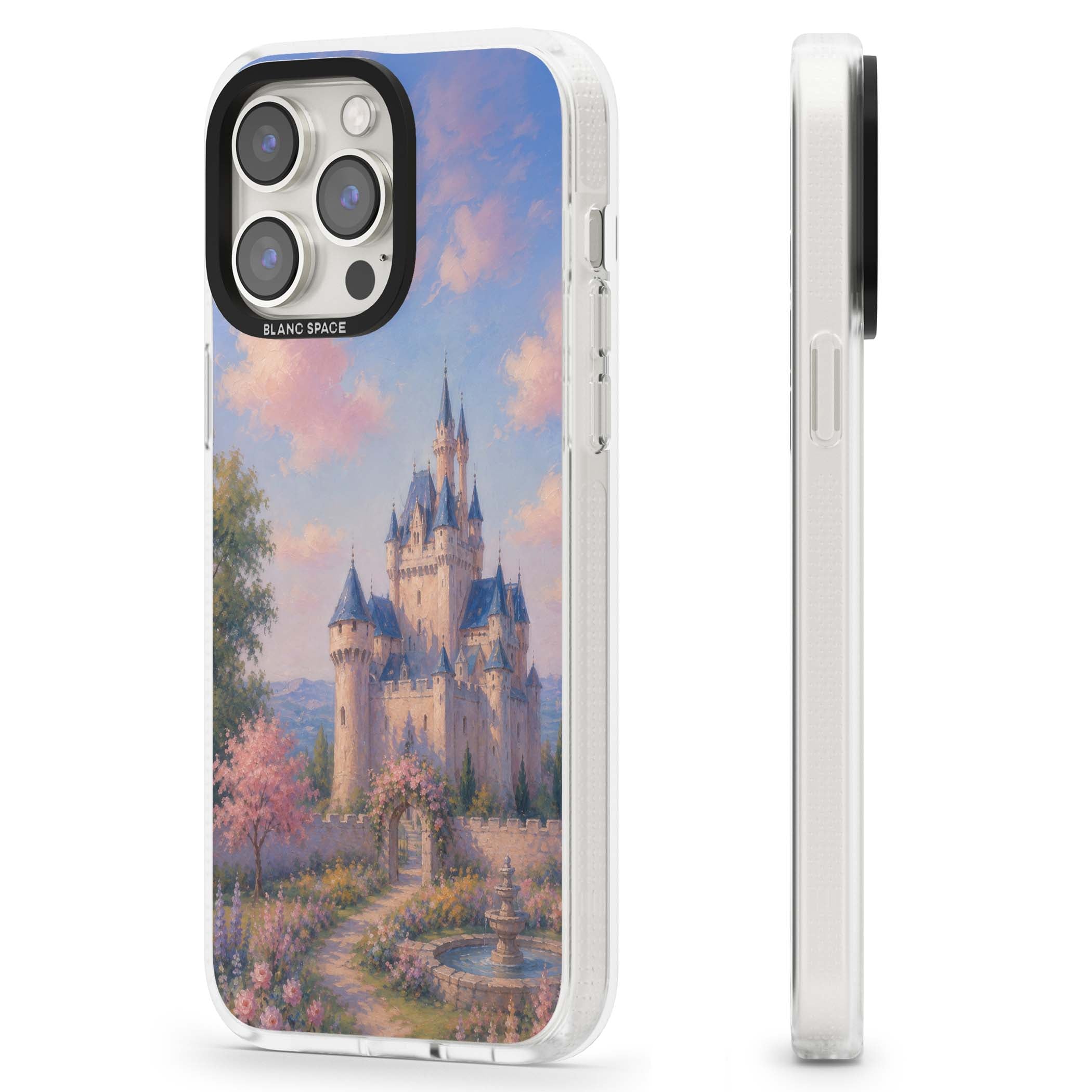 Enchanted Kingdom fairytale iPhone case featuring a romantic castle painting with cherry blossoms and pastel pink sky | Clear Case Impact Air case for iPhone 15 Pro, iPhone 15 Pro Max