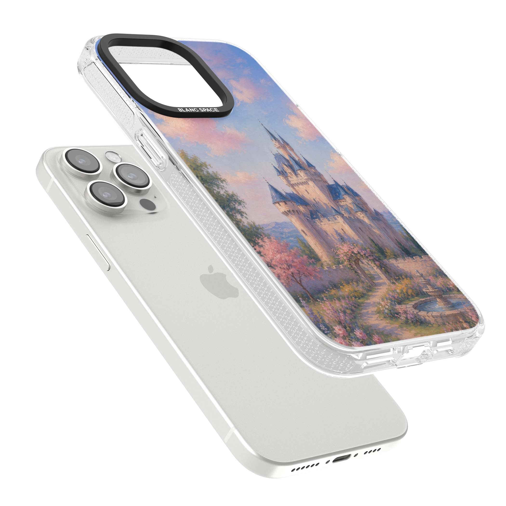 Enchanted Kingdom fairytale iPhone case featuring a romantic castle painting with cherry blossoms and pastel pink sky | Clear Case Impact Air case for iPhone 15 Pro, iPhone 15 Pro Max
