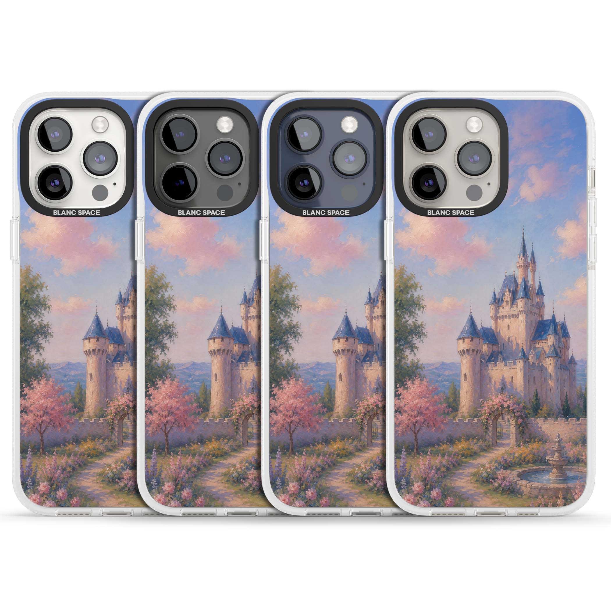 Enchanted Kingdom fairytale iPhone case featuring a romantic castle painting with cherry blossoms and pastel pink sky | Clear Case Impact Air case for iPhone 15 Pro, iPhone 15 Pro Max
