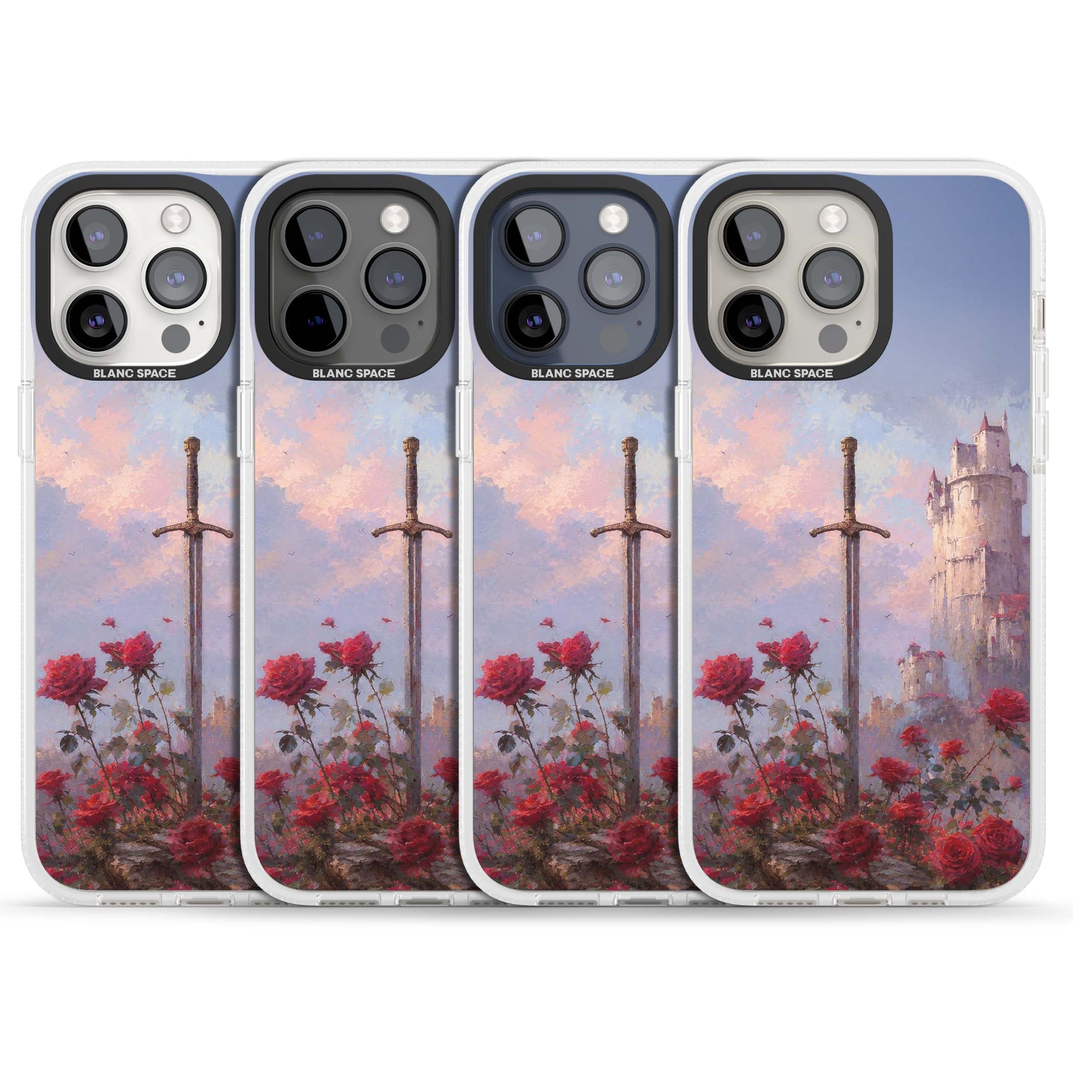 Sword in Roses medieval art iPhone case featuring a sword, red roses, and a misty fairytale castle at sunset | Clear Case Impact Air case for iPhone 15 Pro, iPhone 15 Pro Max
