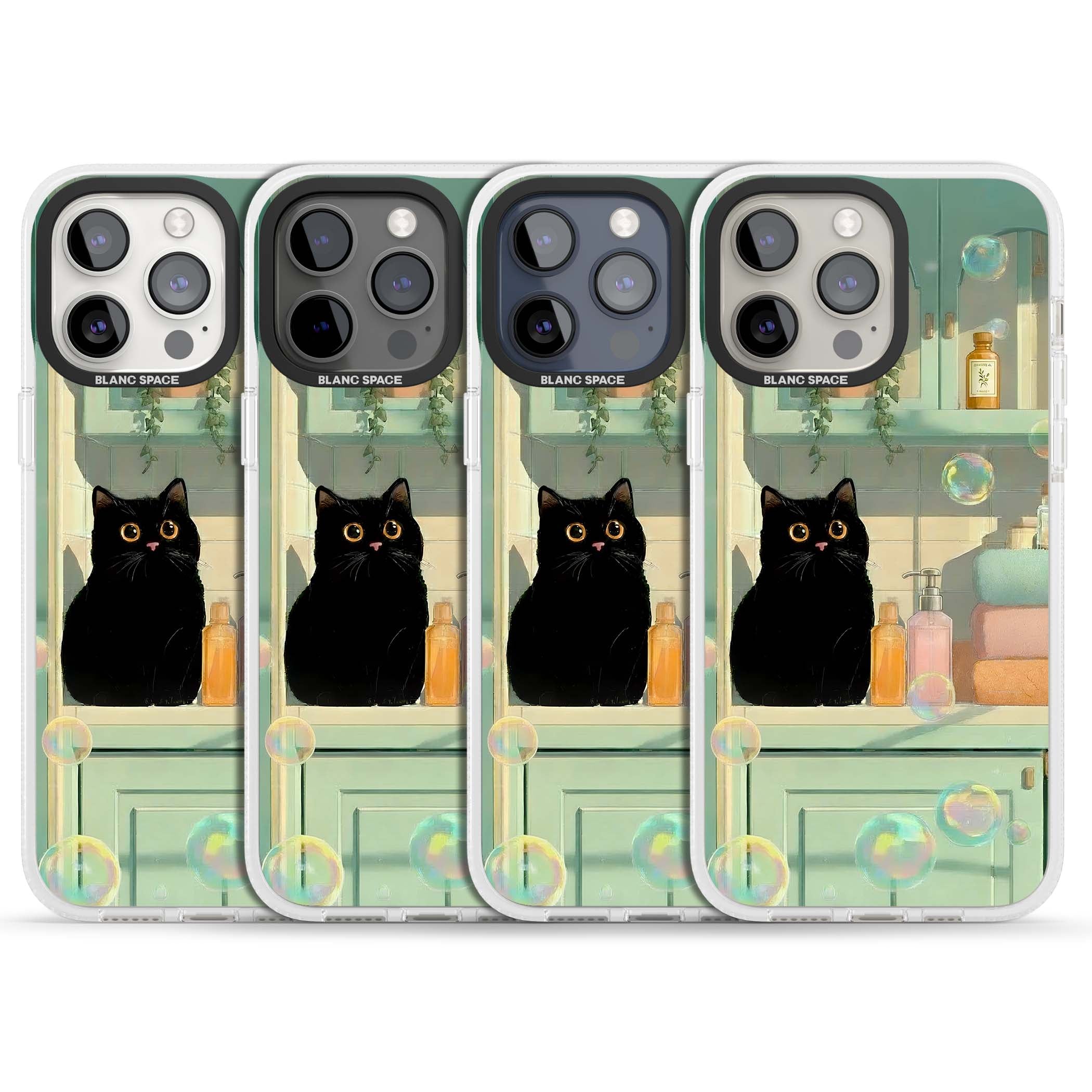 Bathroom Bubble Kitty cottagecore iPhone case featuring a black cat, mint bathroom scene and floating soap bubbles | Clear Case Impact Air case for iPhone 15 Pro, iPhone 15 Pro Max