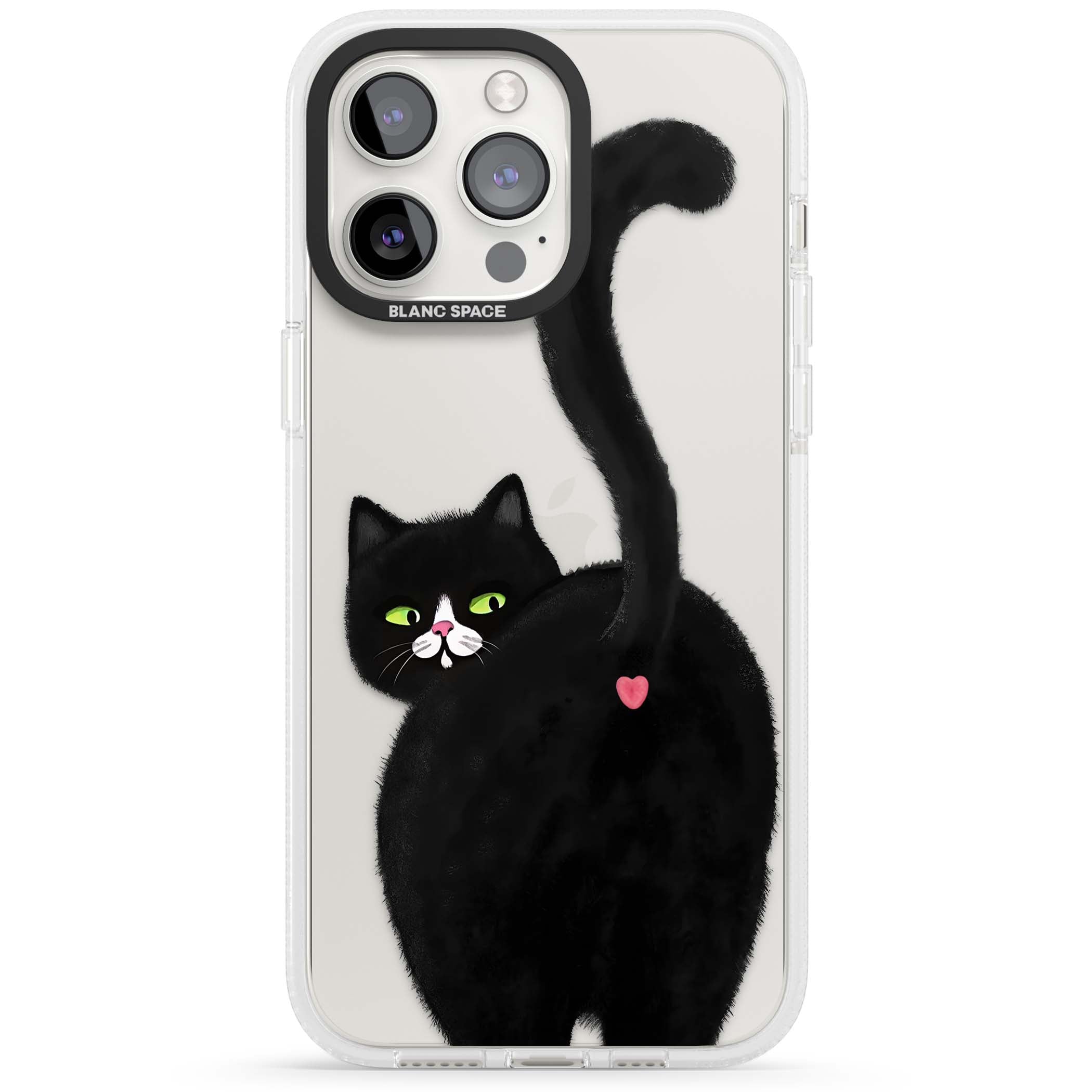 The Cat's Kiss cute cat iPhone case featuring a hand-painted tuxedo kitty with green eyes and a pink heart on a clear | Clear Case Impact Air case for iPhone 15 Pro, iPhone 15 Pro Max