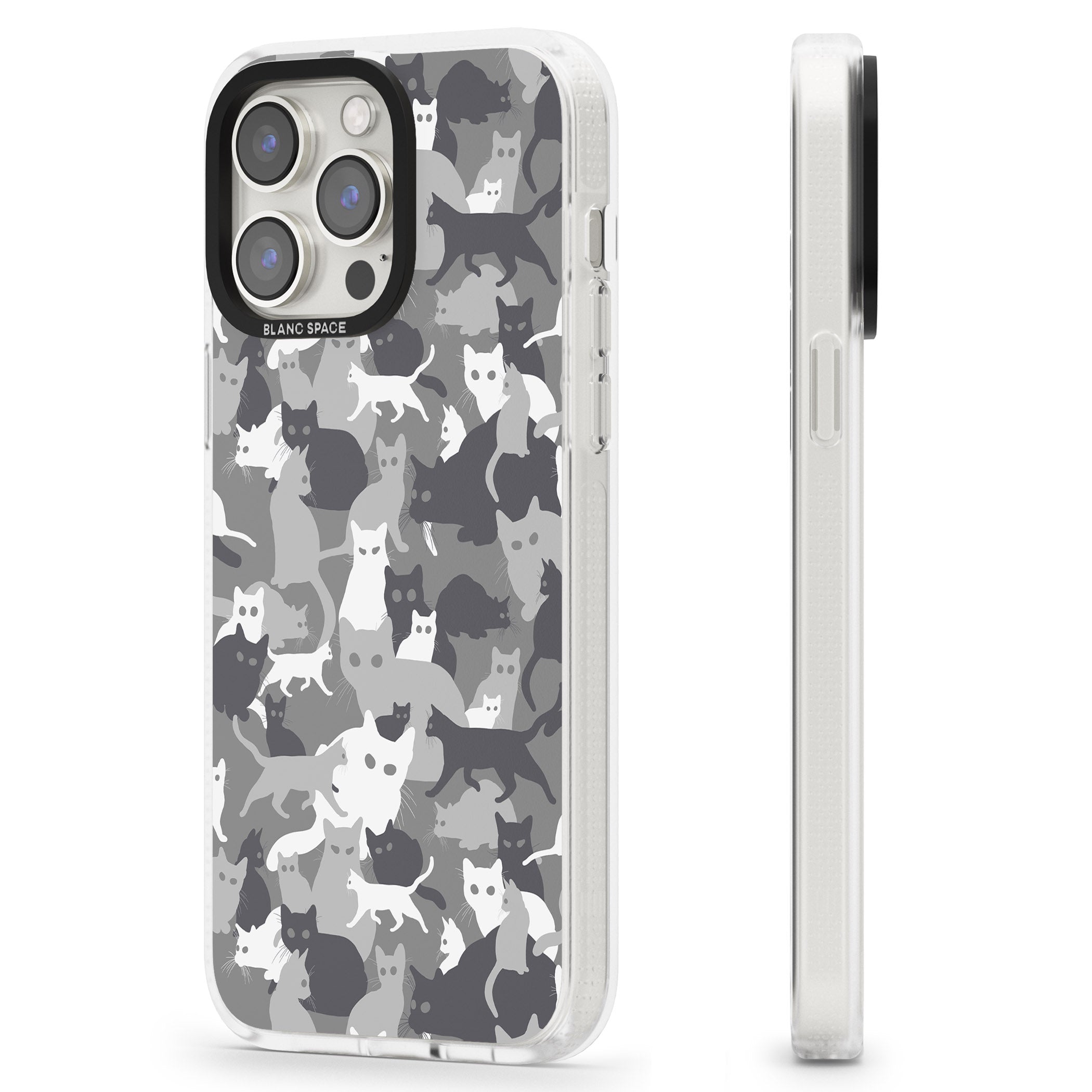 Dark Grey Cat Camouflage Pattern iPhone 15 Pro Max / 15 Pro / 14 Pro Max / 14 Pro / 13 Pro Clear Case Impact Air - Blanc Space