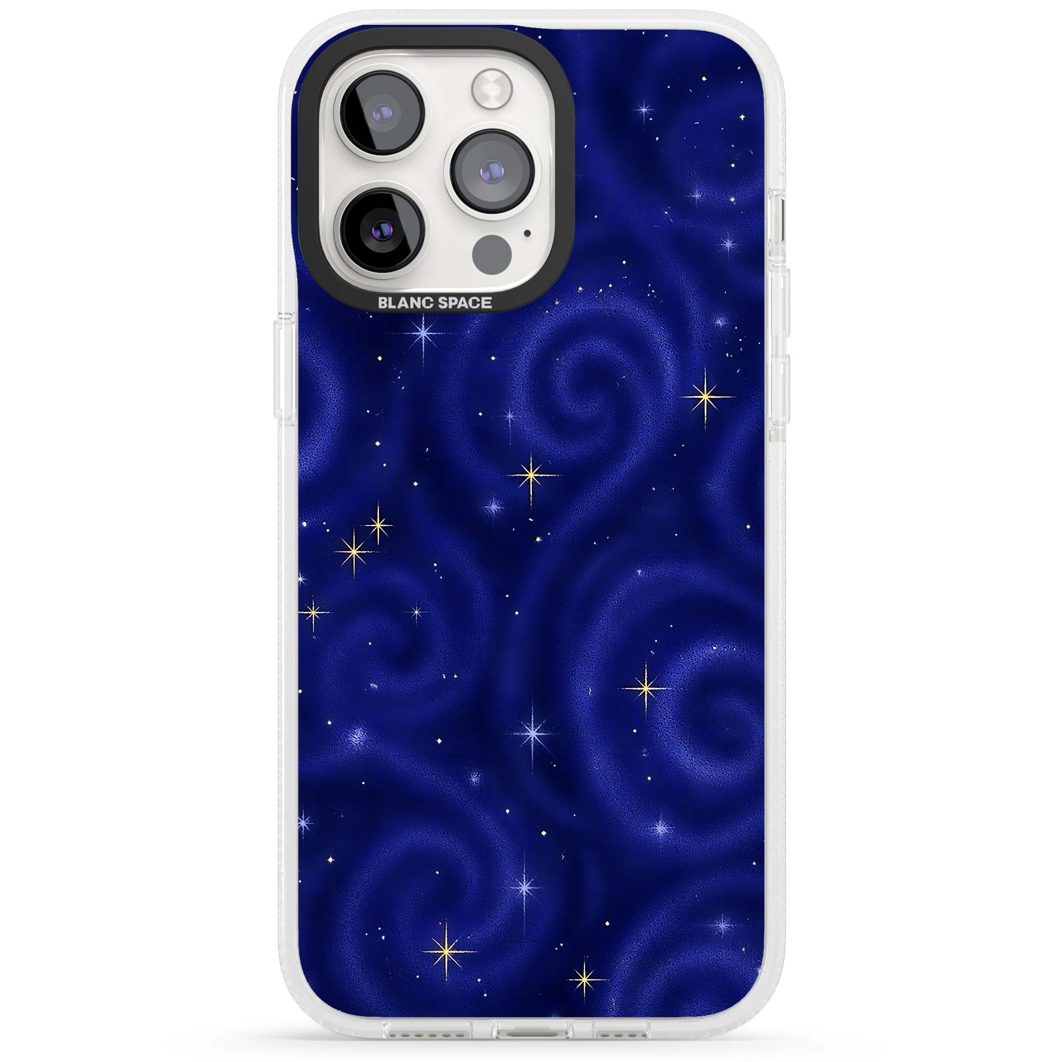 Indigo Cosmos celestial iPhone case featuring swirling navy night sky and sparkling golden stars | Clear Case Impact Air case for iPhone 15 Pro, iPhone 15 Pro Max