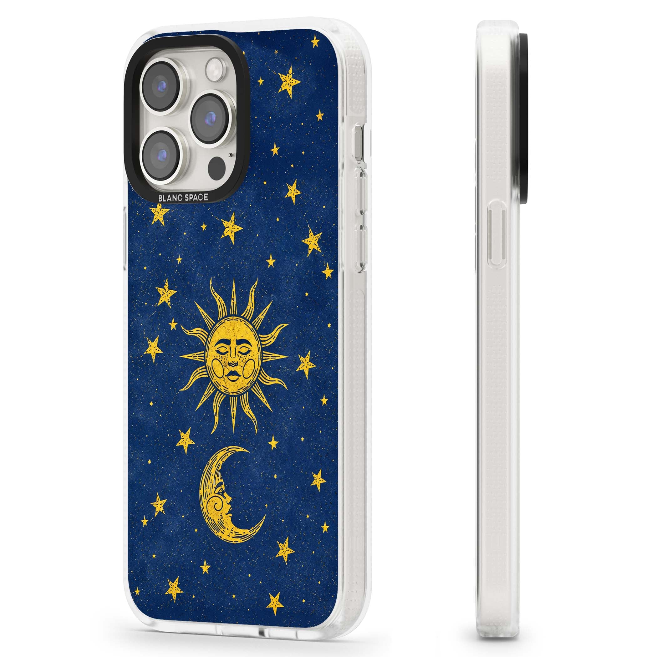 Sun & Moon Reverie celestial iPhone case featuring a vintage golden sun, crescent moon and scattered stars on midnight blue | Clear Case Impact Air case for iPhone 15 Pro, iPhone 15 Pro Max