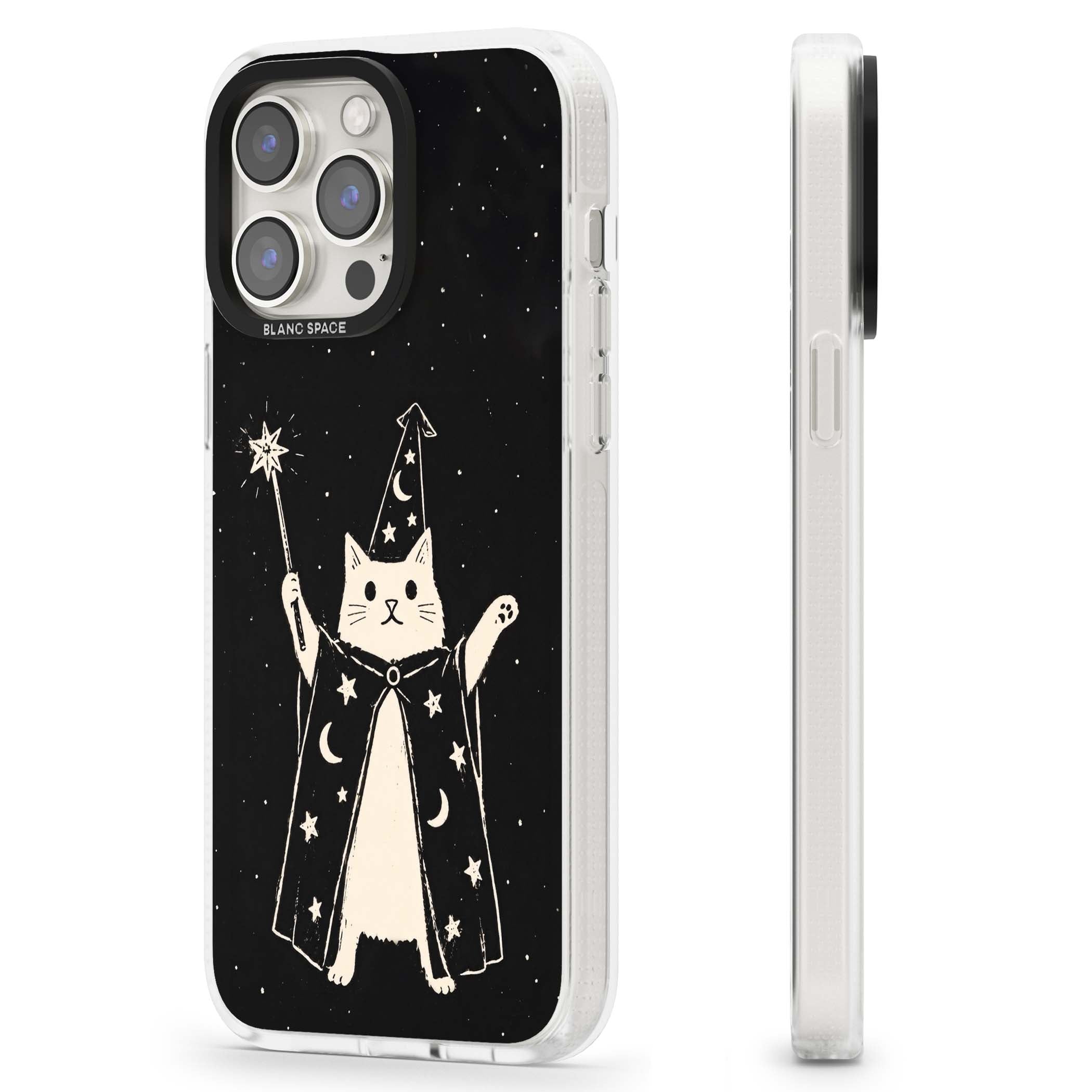 Whisker Wizard celestial cat iPhone case featuring a wizard cat with magic wand, starry night sky and crescent moons | Clear Case Impact Air case for iPhone 15 Pro, iPhone 15 Pro Max
