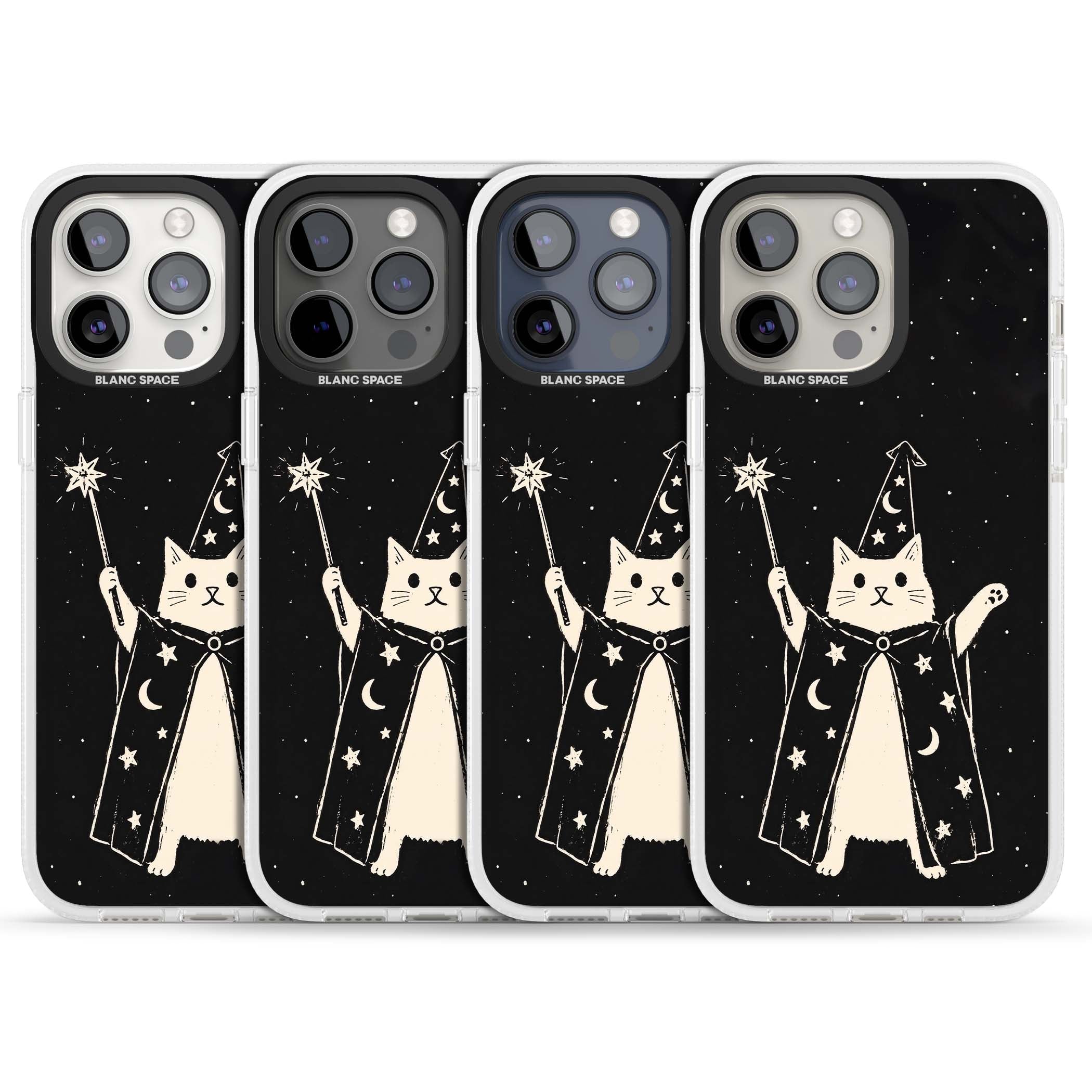 Whisker Wizard celestial cat iPhone case featuring a wizard cat with magic wand, starry night sky and crescent moons | Clear Case Impact Air case for iPhone 15 Pro, iPhone 15 Pro Max