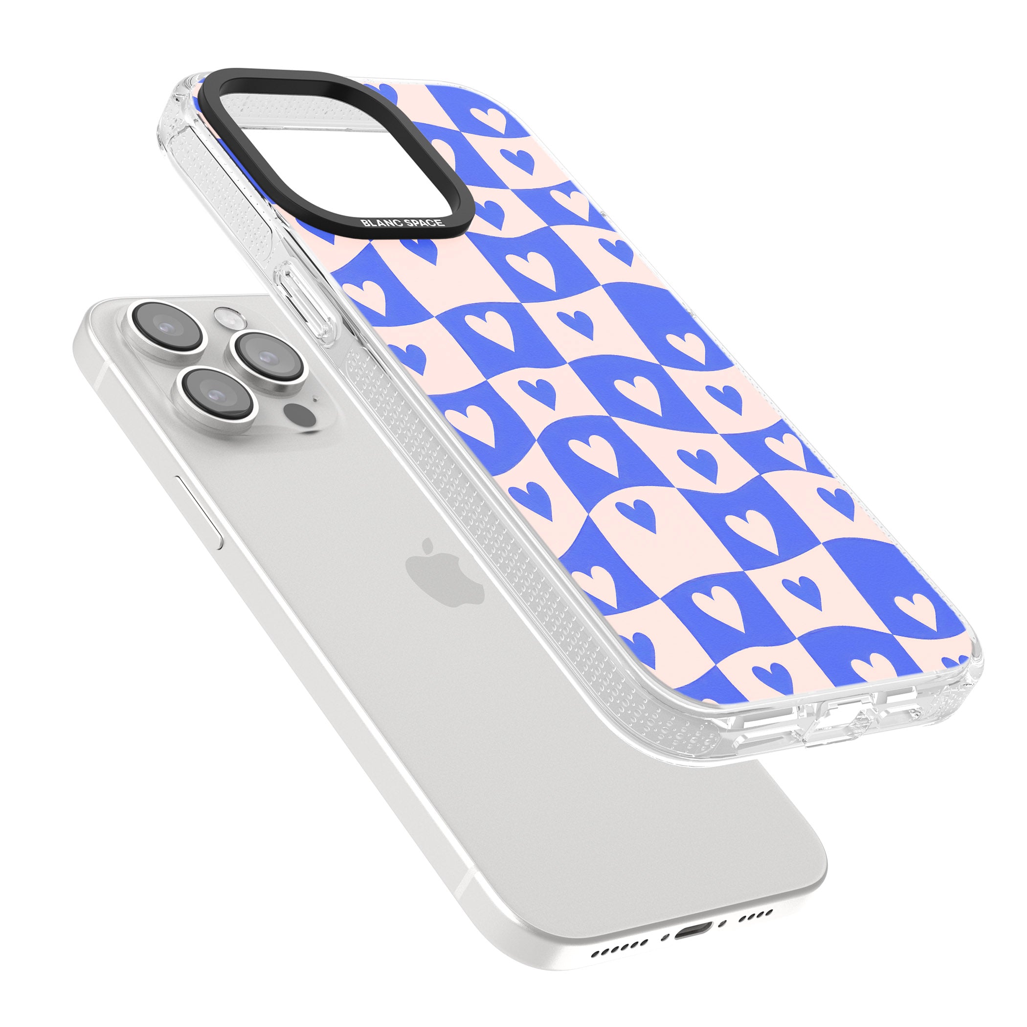 Blue Wavy Checked & Hearts iPhone 15 Pro Max / 15 Pro / 14 Pro Max / 14 Pro / 13 Pro Clear Case Impact Air - Blanc Space