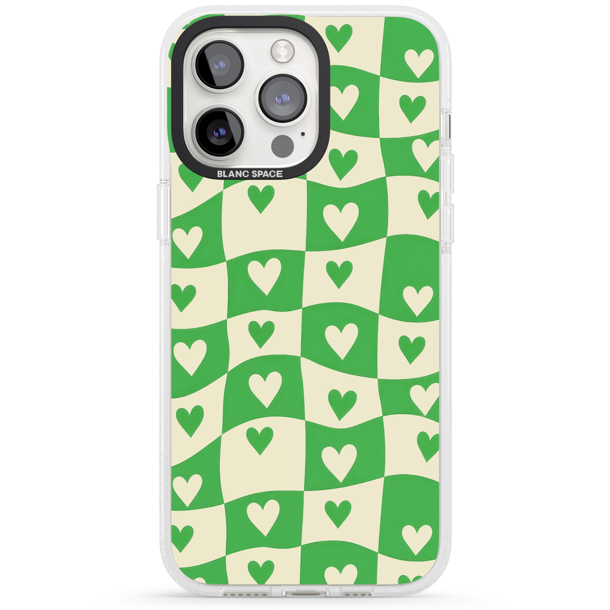 Green Wavy Checked & Hearts iPhone 15 Pro Max / 15 Pro / 14 Pro Max / 14 Pro / 13 Pro Clear Case Impact Air - Blanc Space