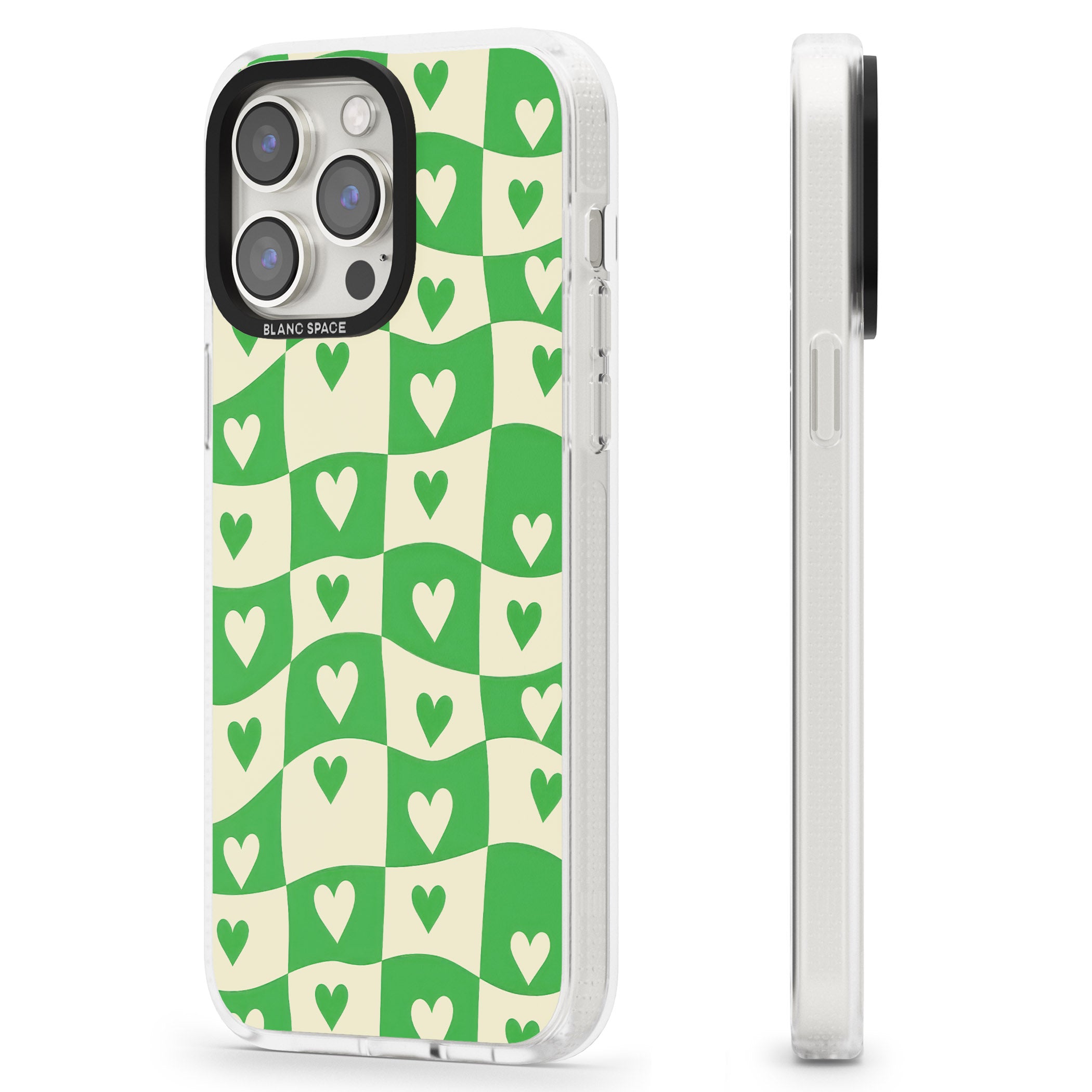 Green Wavy Checked & Hearts iPhone 15 Pro Max / 15 Pro / 14 Pro Max / 14 Pro / 13 Pro Clear Case Impact Air - Blanc Space