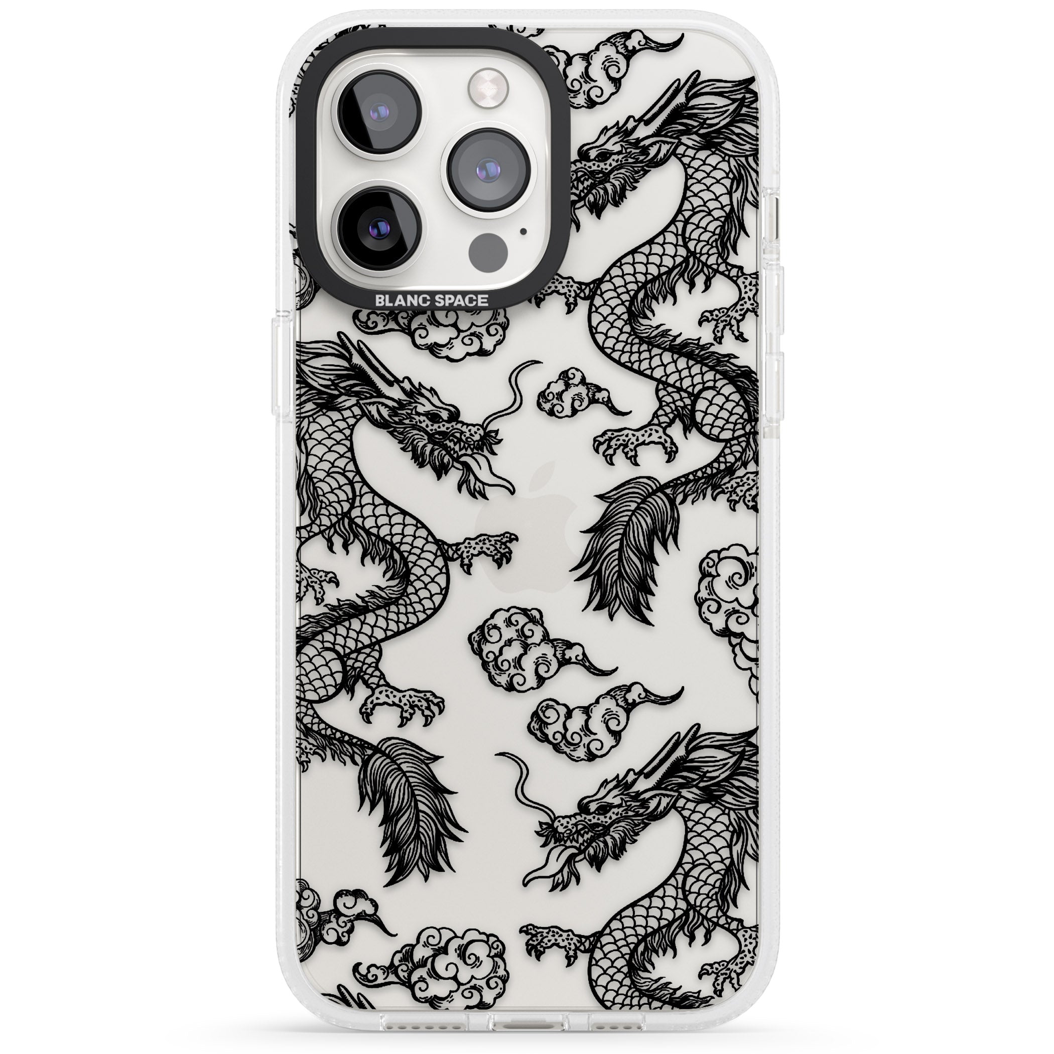 Black Dragon Pattern iPhone 15 Pro Max / 15 Pro / 14 Pro Max / 14 Pro / 13 Pro Clear Case Impact Air - Blanc Space