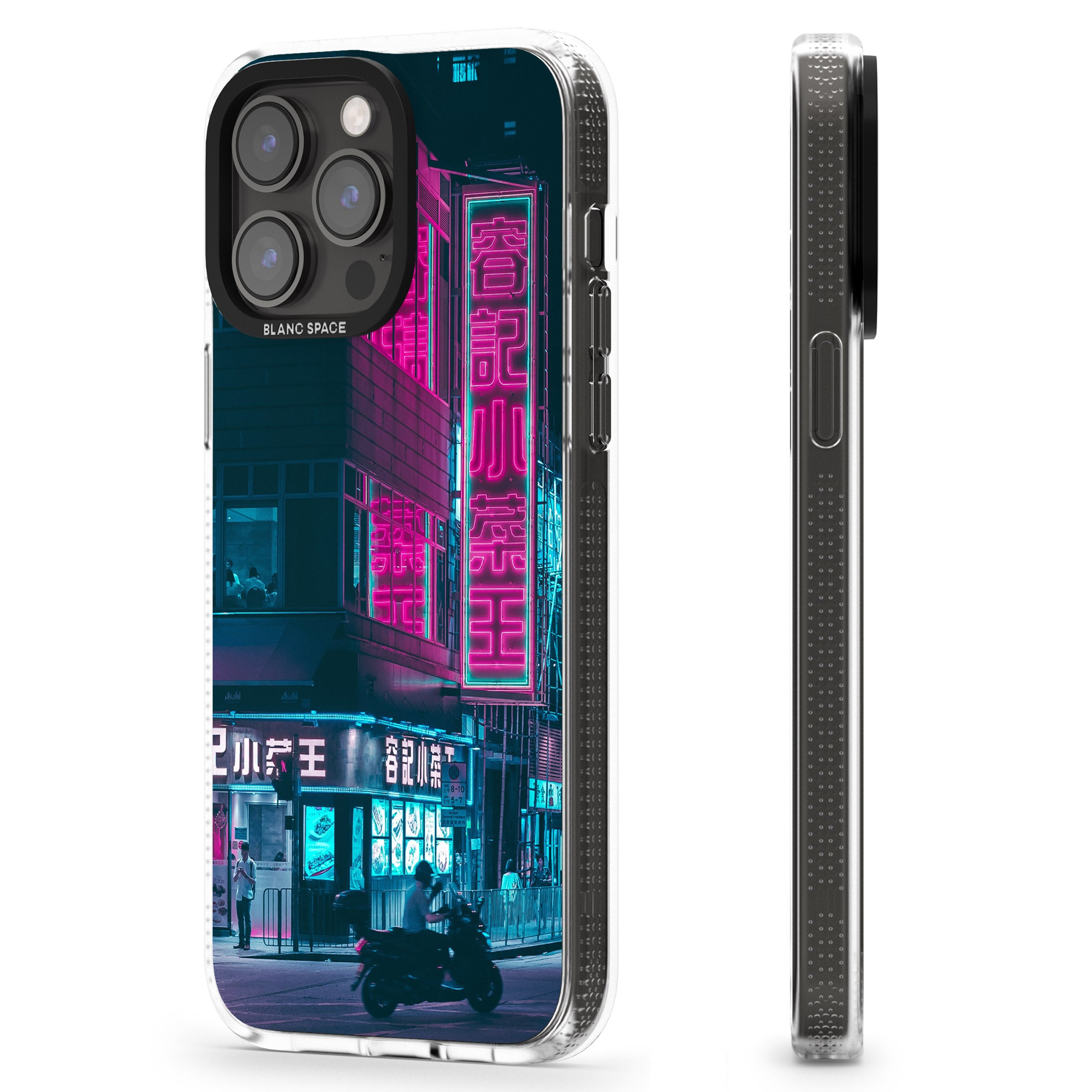 Motorcylist & Signs - Neon Cities Photographs iPhone 15 Pro Max / 15 Pro / 14 Pro Max / 14 Pro / 13 Pro Clear Case Impact Air - Blanc Space