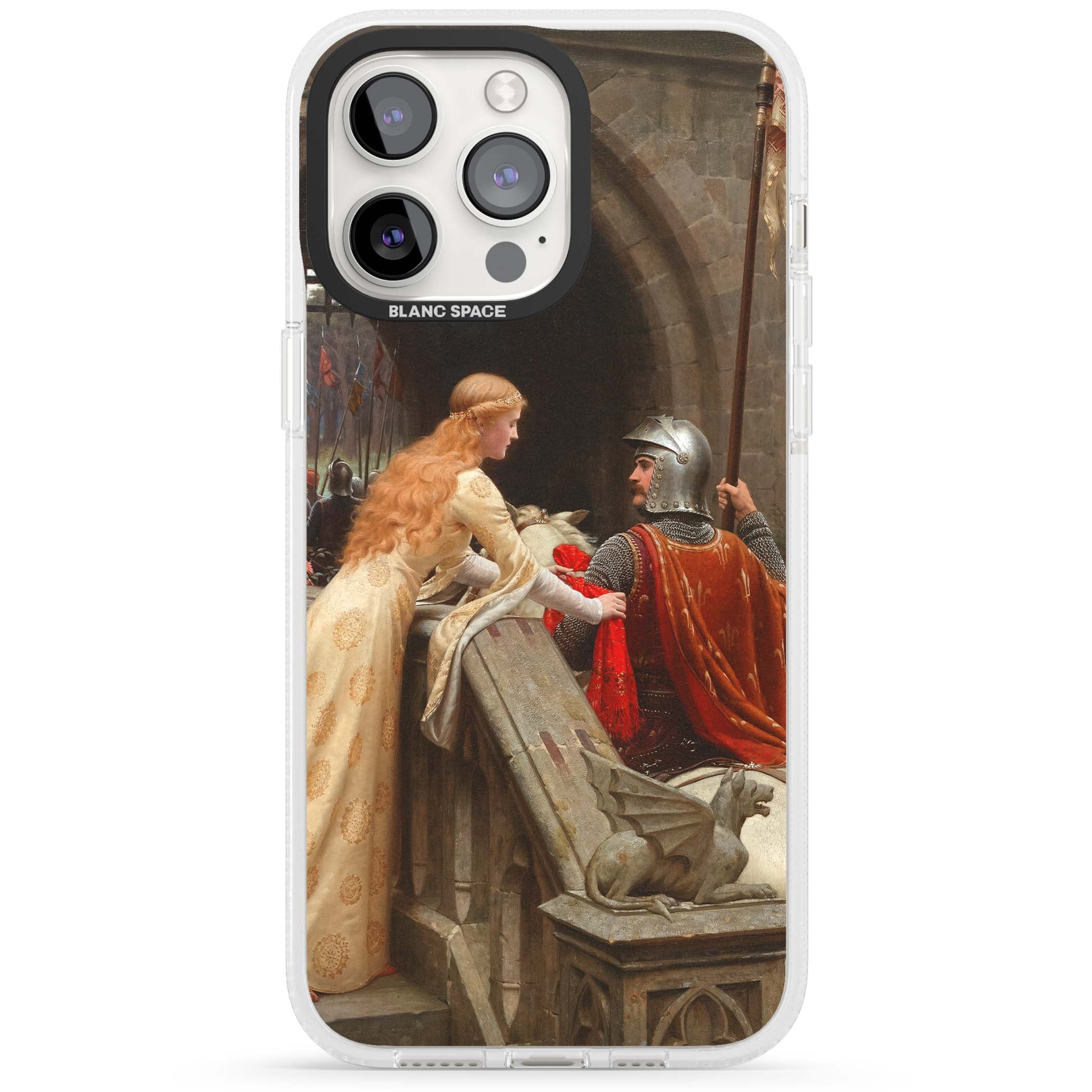 God Speed fine art iPhone case featuring Edmund Blair Leighton's medieval knight and lady beneath a stone archway | Clear Case Impact Air case for iPhone 15 Pro, iPhone 15 Pro Max