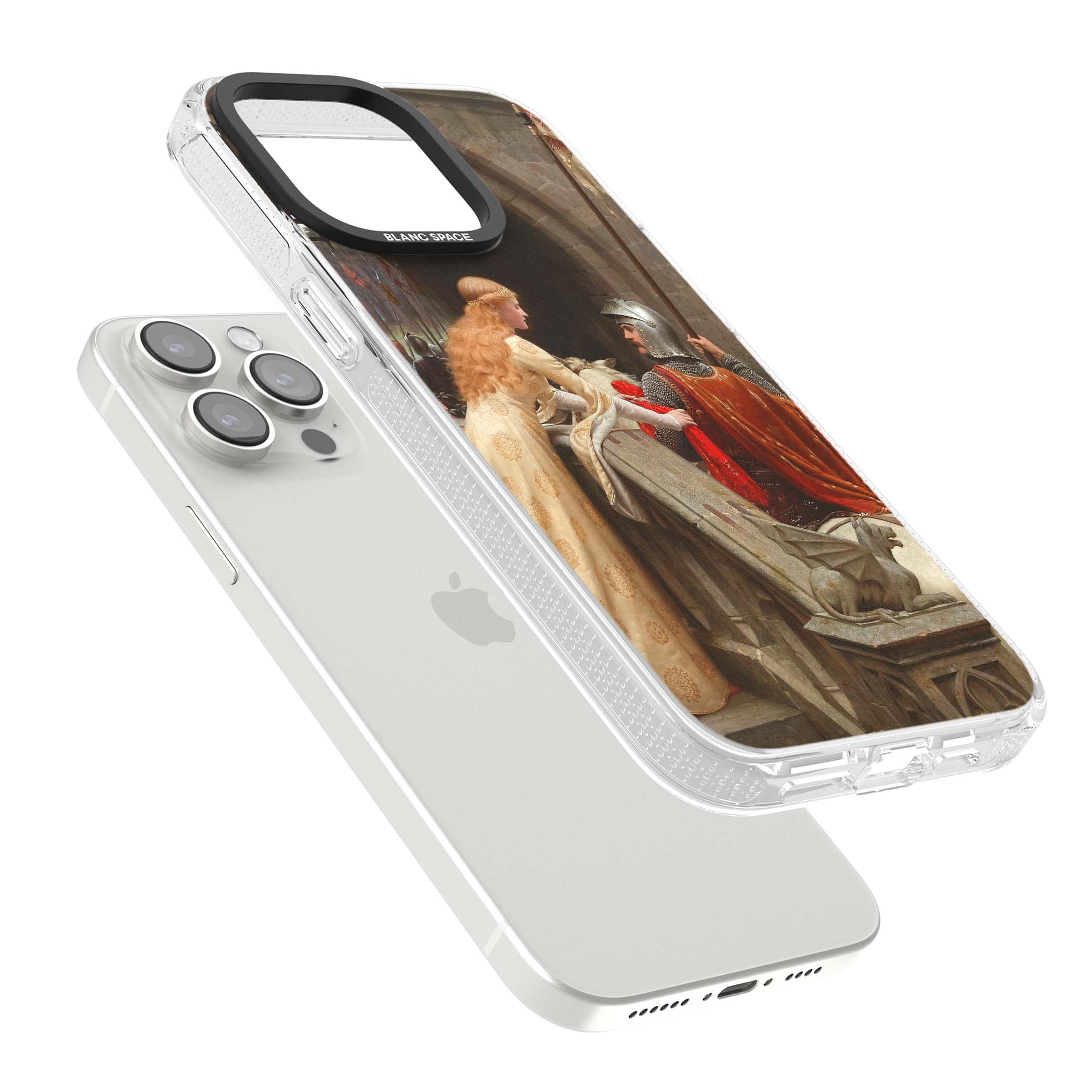 God Speed fine art iPhone case featuring Edmund Blair Leighton's medieval knight and lady beneath a stone archway | Clear Case Impact Air case for iPhone 15 Pro, iPhone 15 Pro Max
