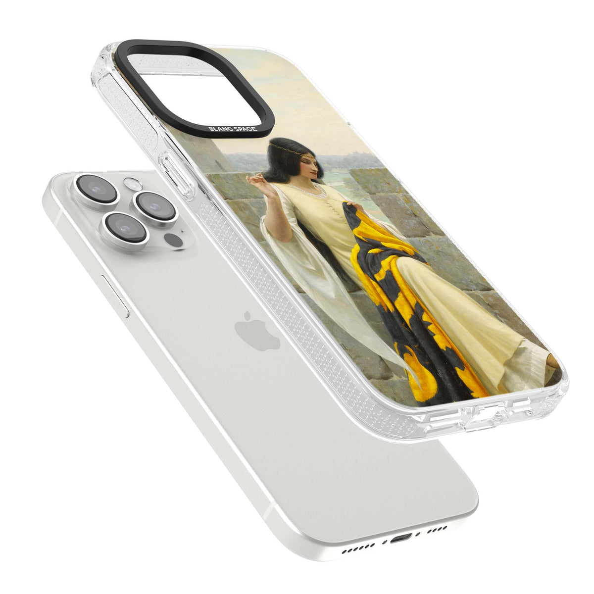 Stitching the Standard renaissance art iPhone case featuring a medieval lady sewing a golden banner on a castle wall | Clear Case Impact Air case for iPhone 15 Pro, iPhone 15 Pro Max