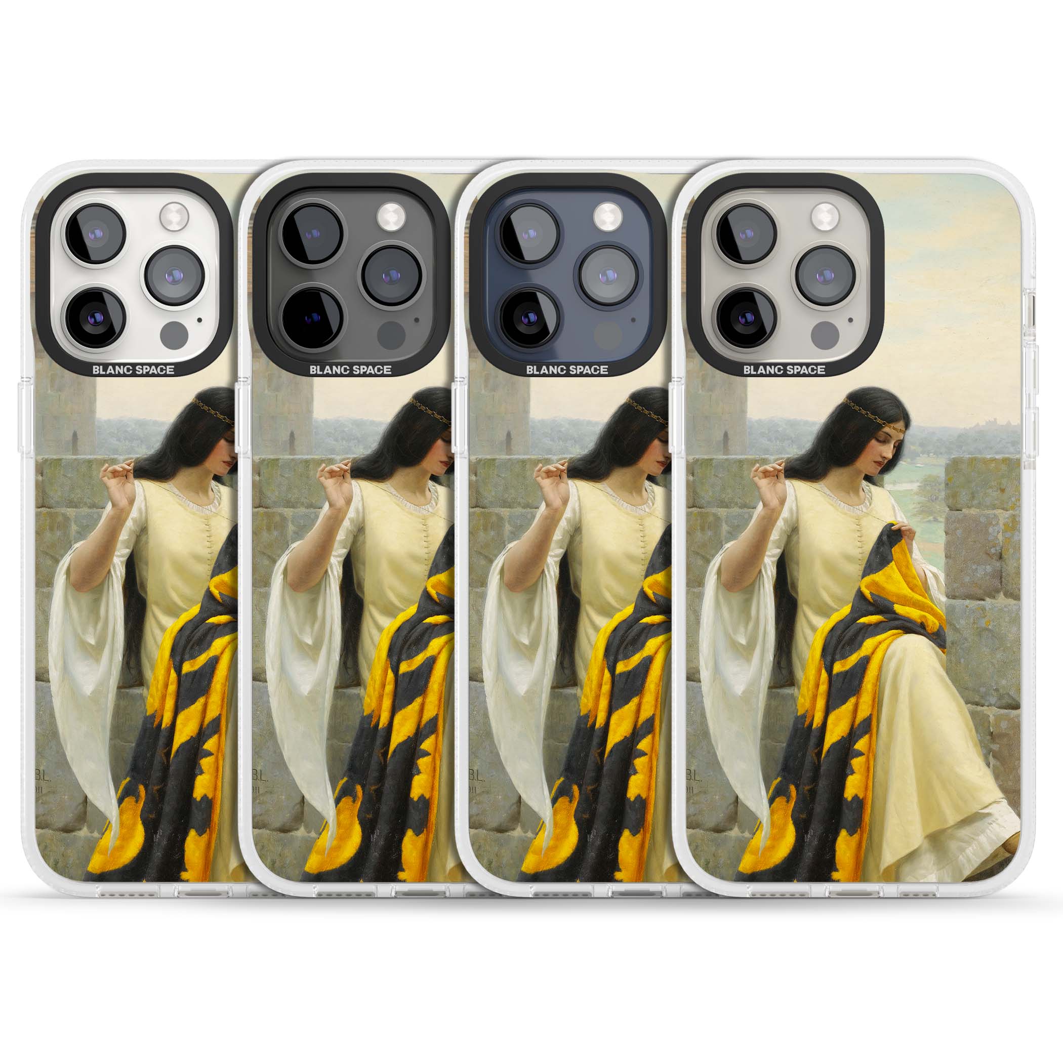 Stitching the Standard renaissance art iPhone case featuring a medieval lady sewing a golden banner on a castle wall | Clear Case Impact Air case for iPhone 15 Pro, iPhone 15 Pro Max