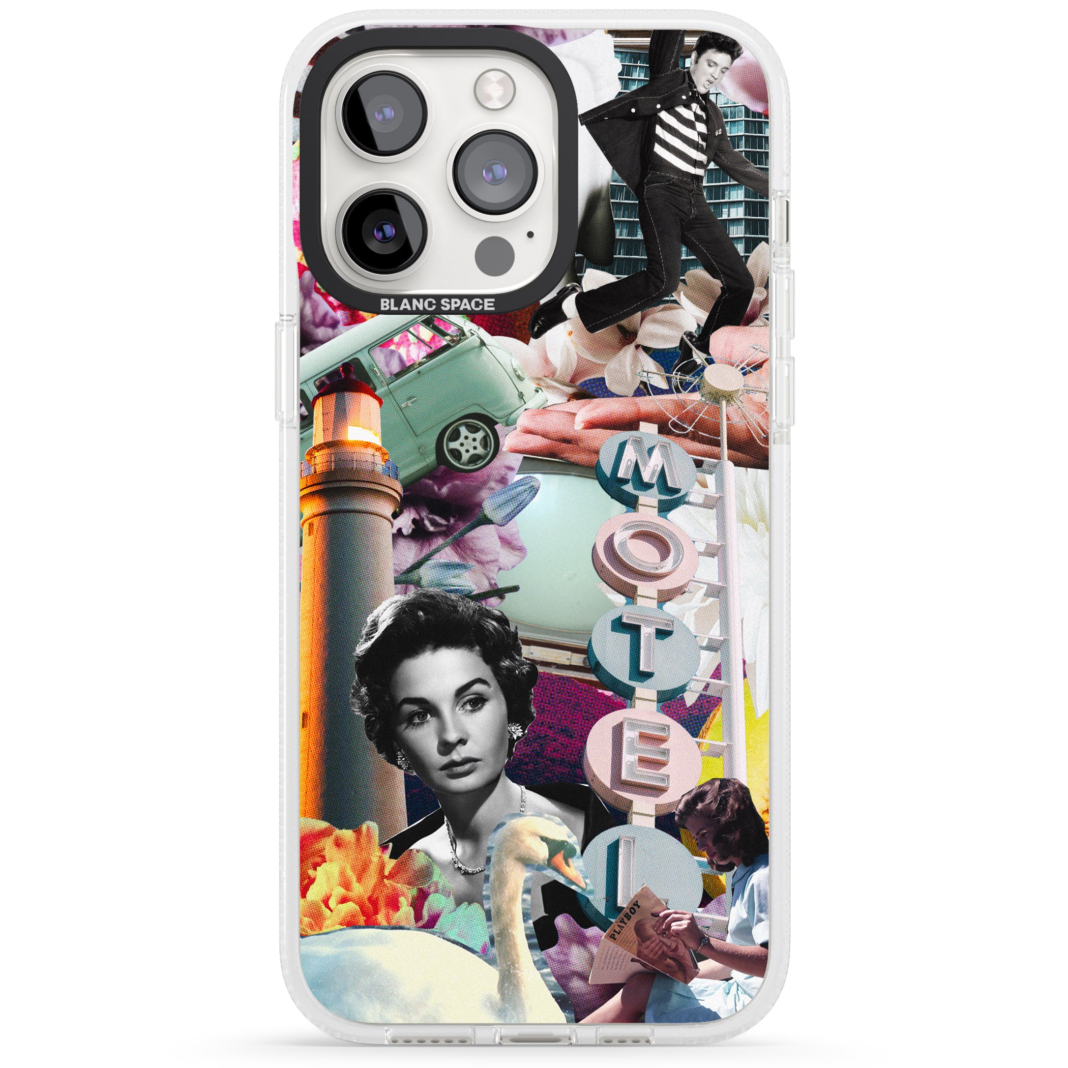 Vintage Collage: Retro Motel iPhone 15 Pro Max / 15 Pro / 14 Pro Max / 14 Pro / 13 Pro Clear Case Impact Air - Blanc Space