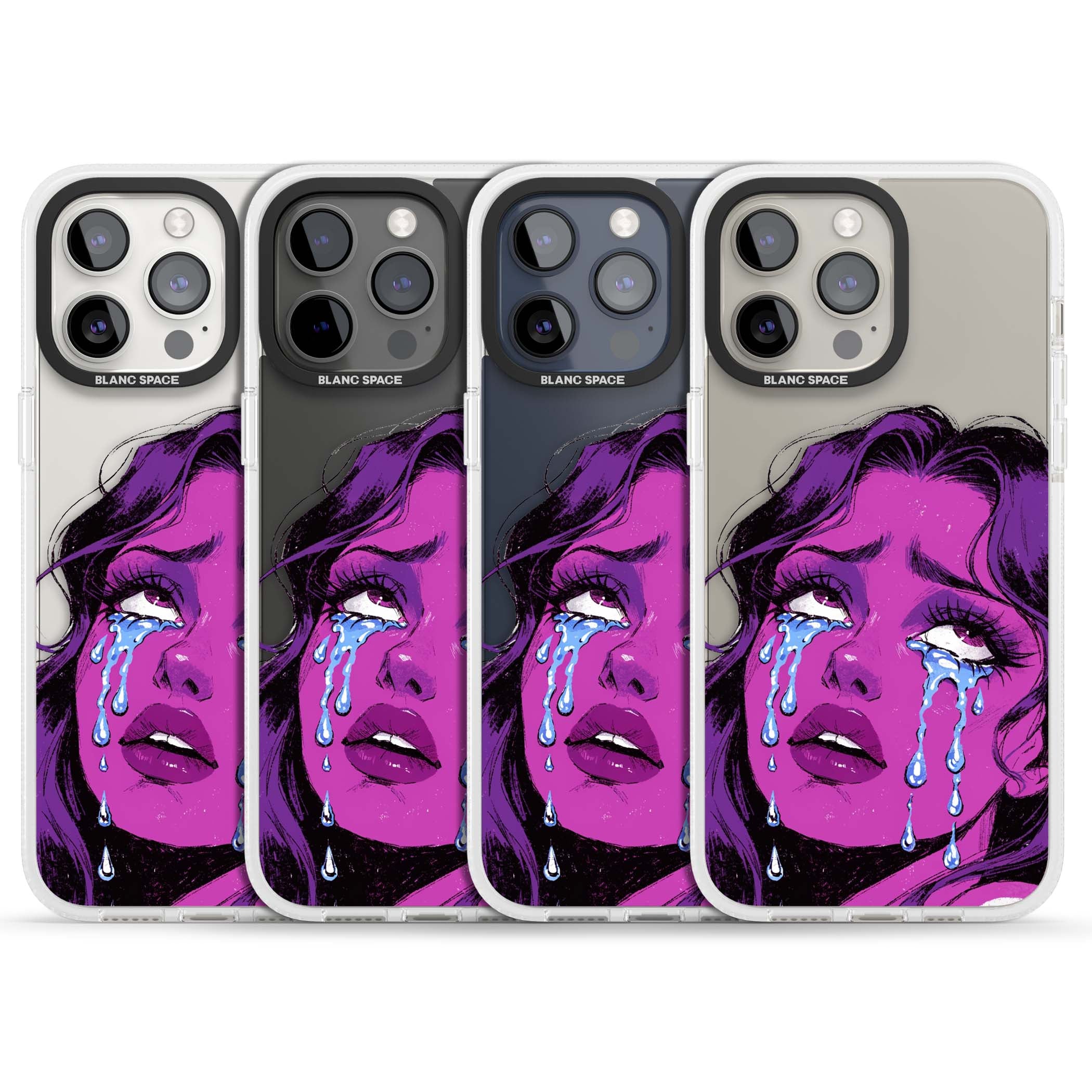 Drama Queen pop art iPhone case featuring a purple crying comic girl with blue tears | Clear Case Impact Air case for iPhone 15 Pro, iPhone 15 Pro Max