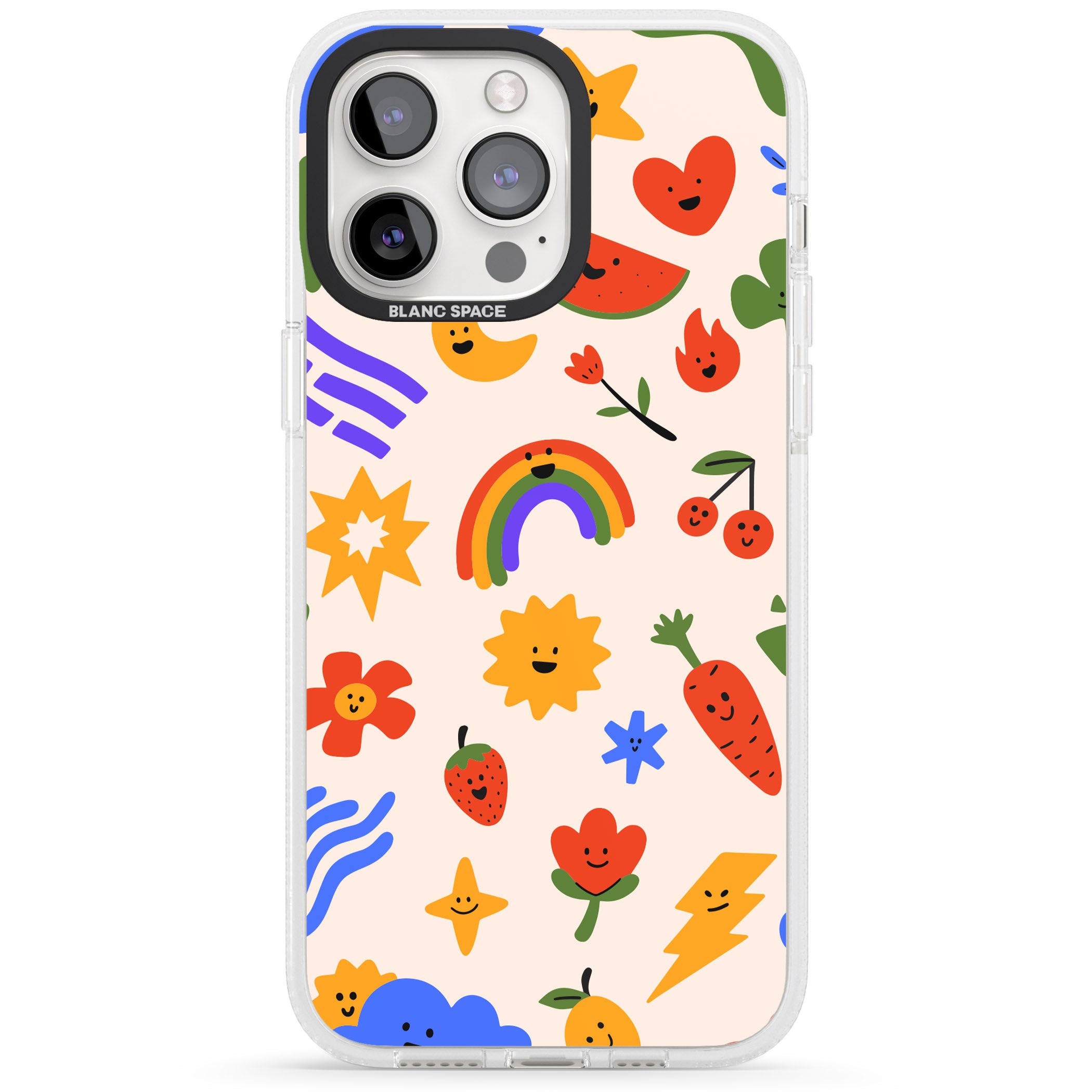Mixed Large Kawaii Icons - Solid iPhone 15 Pro Max / 15 Pro / 14 Pro Max / 14 Pro / 13 Pro Clear Case Impact Air - Blanc Space