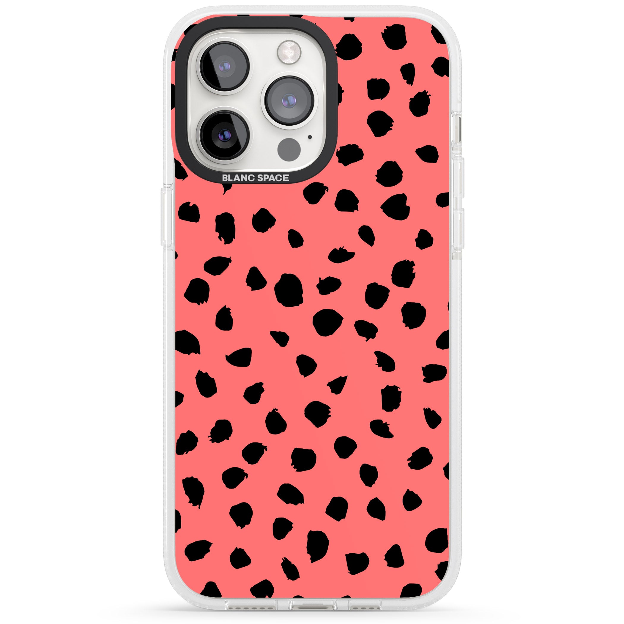 Black on Salmon Pink Dalmatian Polka Dot Spots iPhone 15 Pro Max / 15 Pro / 14 Pro Max / 14 Pro / 13 Pro Clear Case Impact Air - Blanc Space