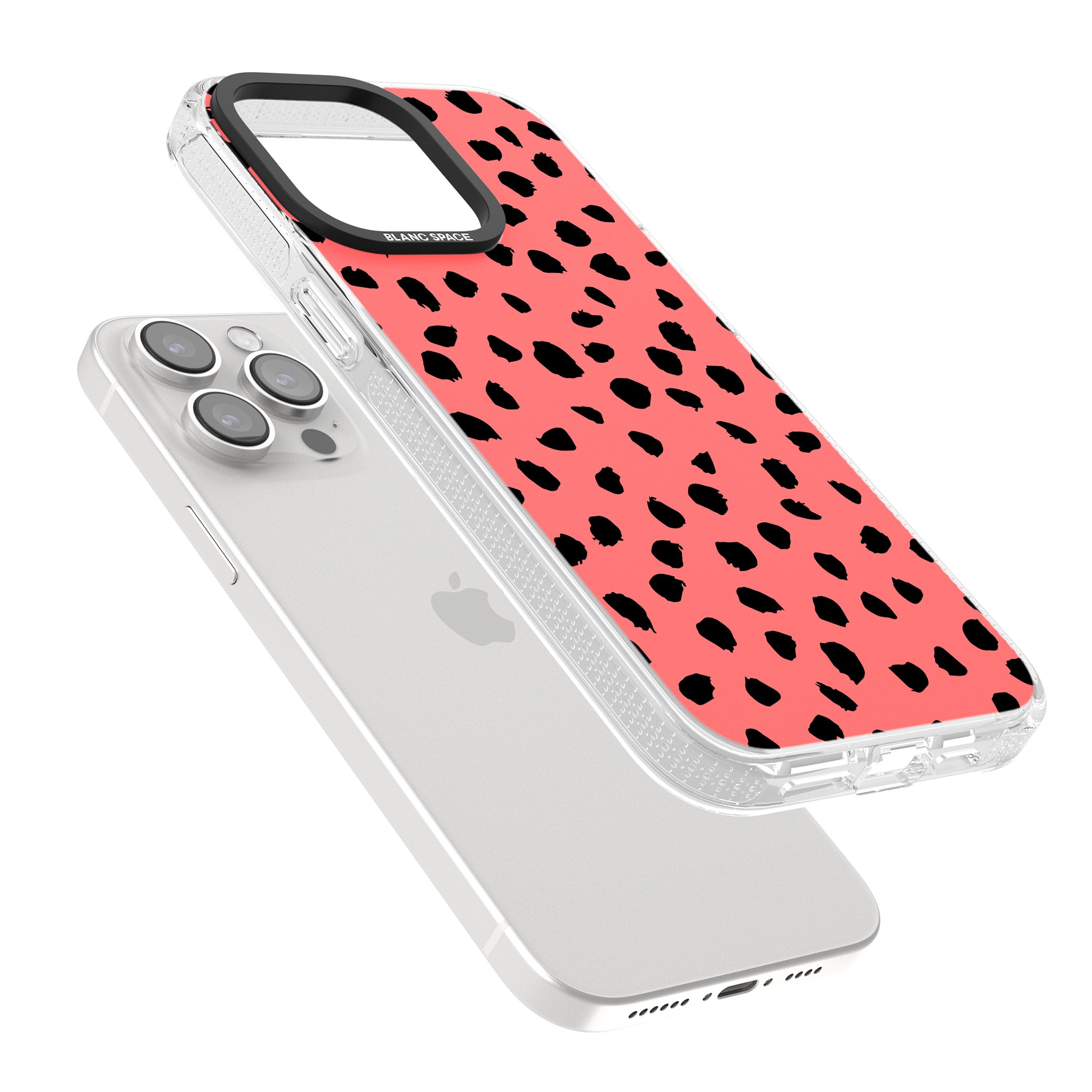 Black on Salmon Pink Dalmatian Polka Dot Spots iPhone 15 Pro Max / 15 Pro / 14 Pro Max / 14 Pro / 13 Pro Clear Case Impact Air - Blanc Space