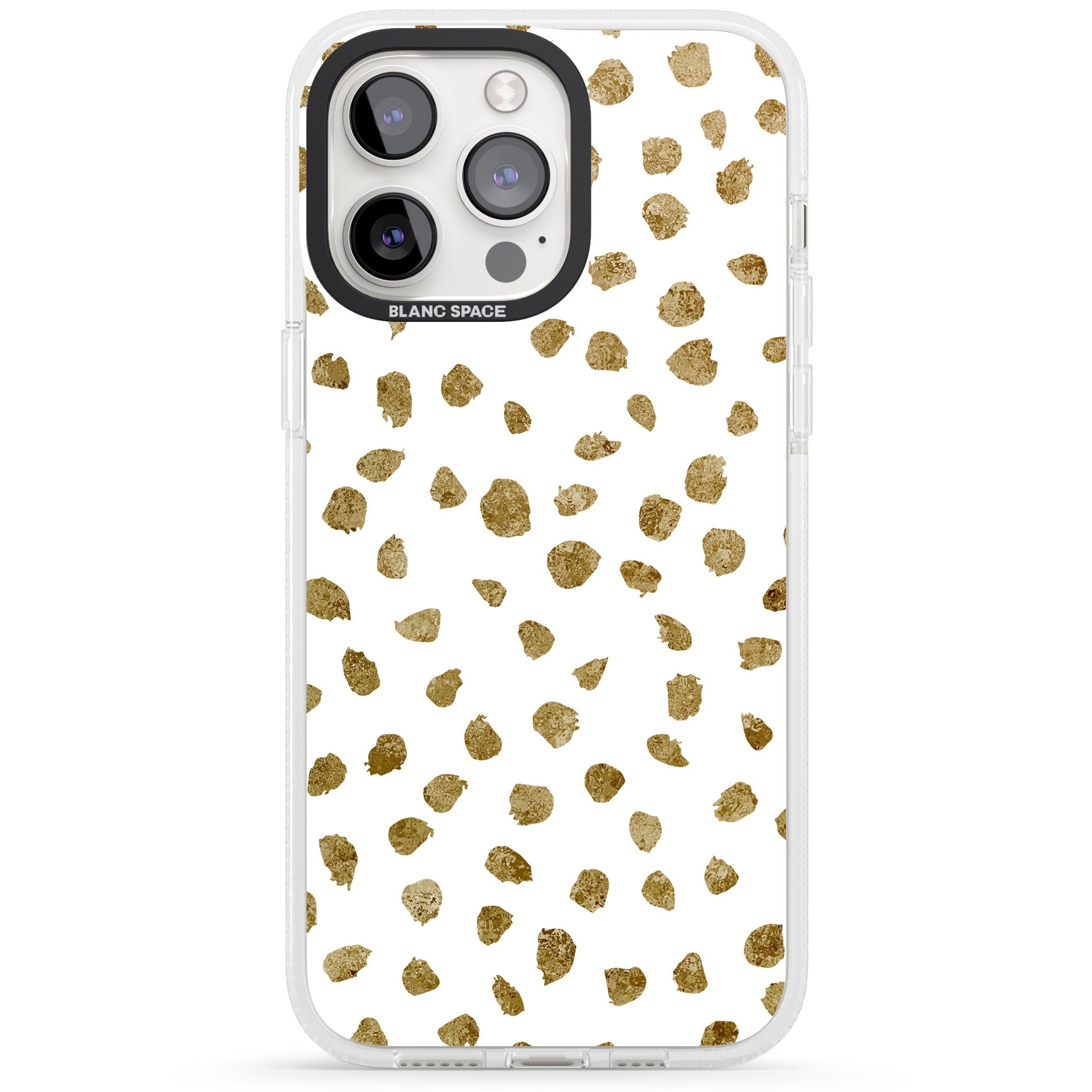Gold Look on White Dalmatian Polka Dot Spots iPhone 15 Pro Max / 15 Pro / 14 Pro Max / 14 Pro / 13 Pro Clear Case Impact Air - Blanc Space