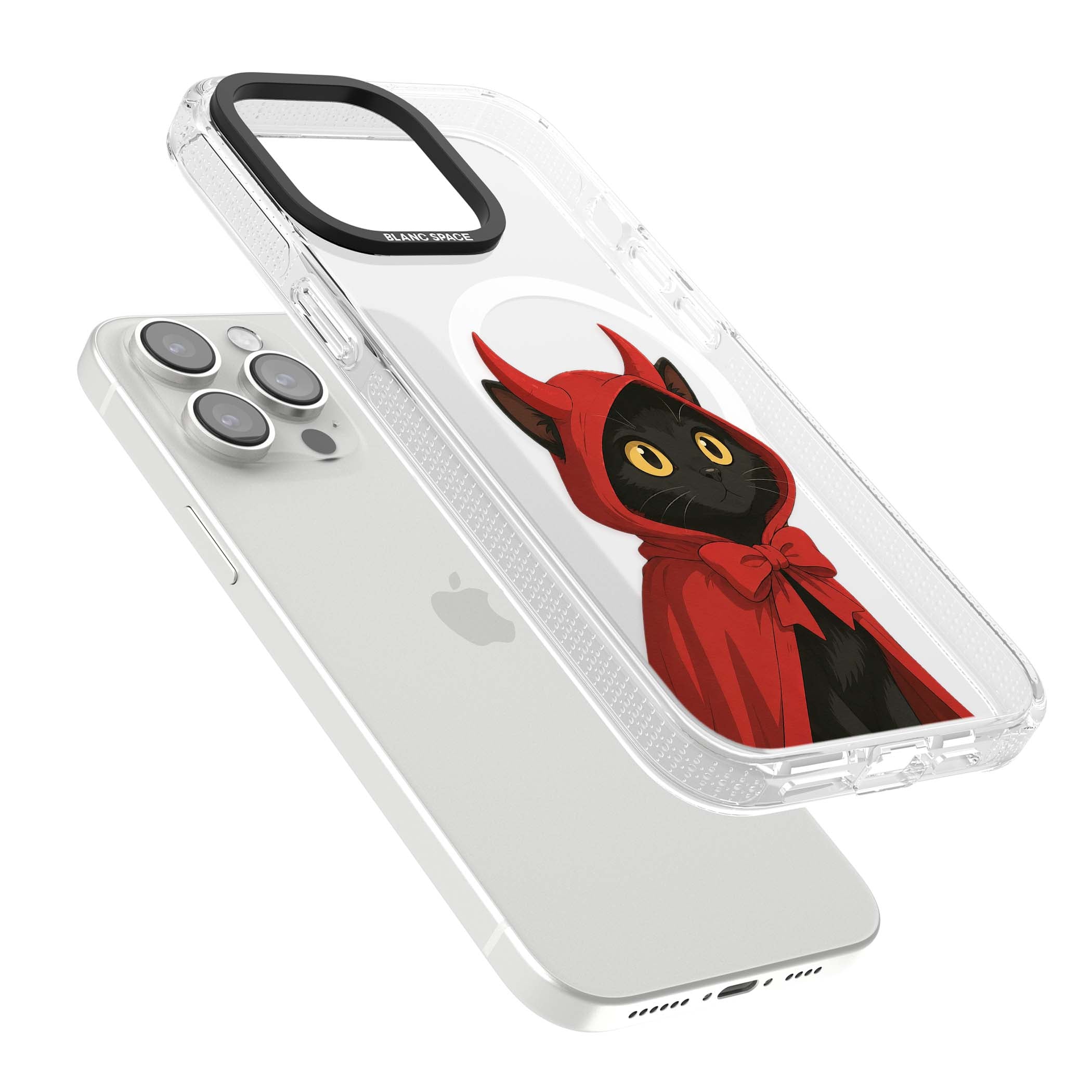 Little Devil halloween iPhone case featuring a black cat in a red hooded devil cloak with horns and golden eyes | Clear Case Impact Air case for iPhone 15 Pro, iPhone 15 Pro Max