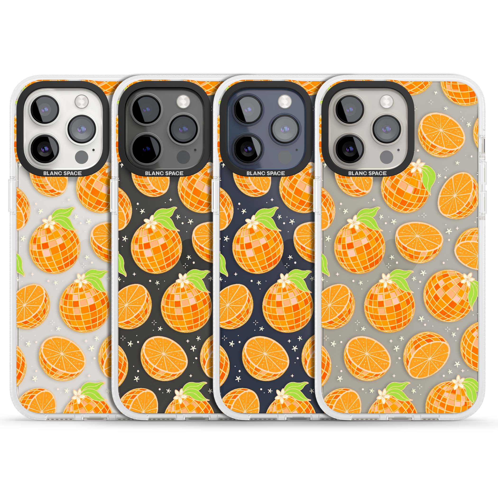 Disco Oranges retro iPhone case featuring mirrorball oranges, citrus slices and tiny blossoms on clear | Clear Case Impact Air case for iPhone 15 Pro, iPhone 15 Pro Max