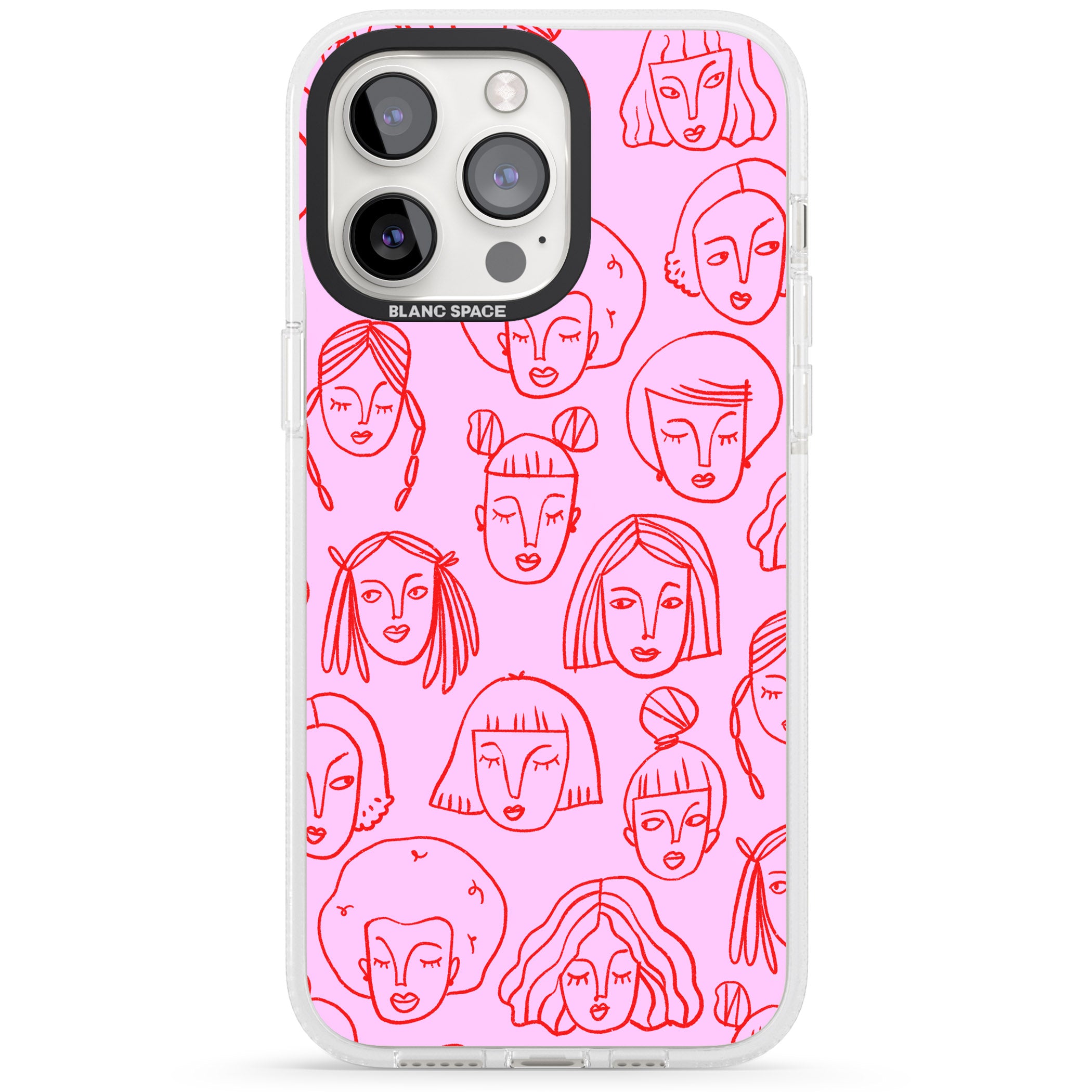 Girl Portrait Doodles in Pink & Red iPhone 15 Pro Max / 15 Pro / 14 Pro Max / 14 Pro / 13 Pro Clear Case Impact Air - Blanc Space