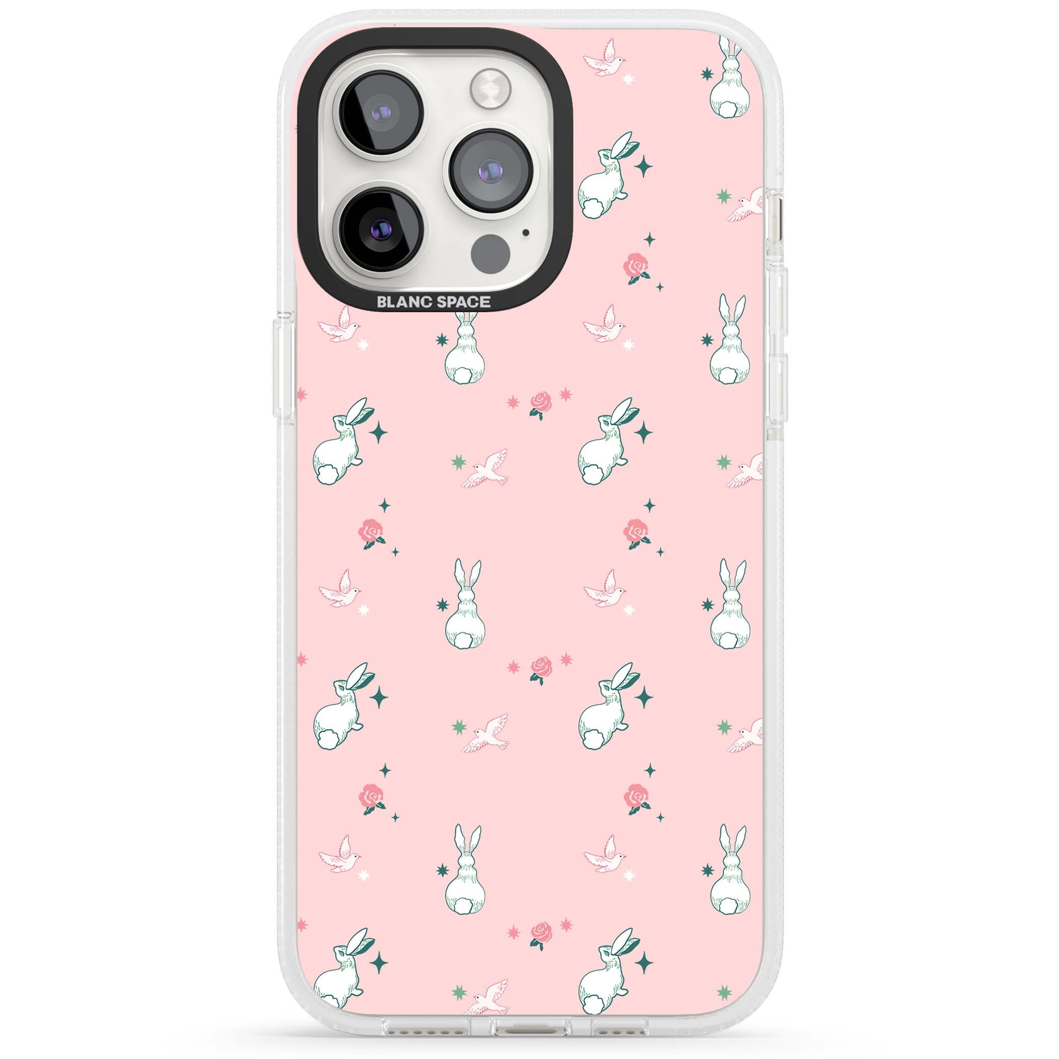 Bunny Garden kawaii iPhone case featuring white rabbits, pink roses, doves and stars on pink background | Clear Case Impact Air case for iPhone 15 Pro, iPhone 15 Pro Max