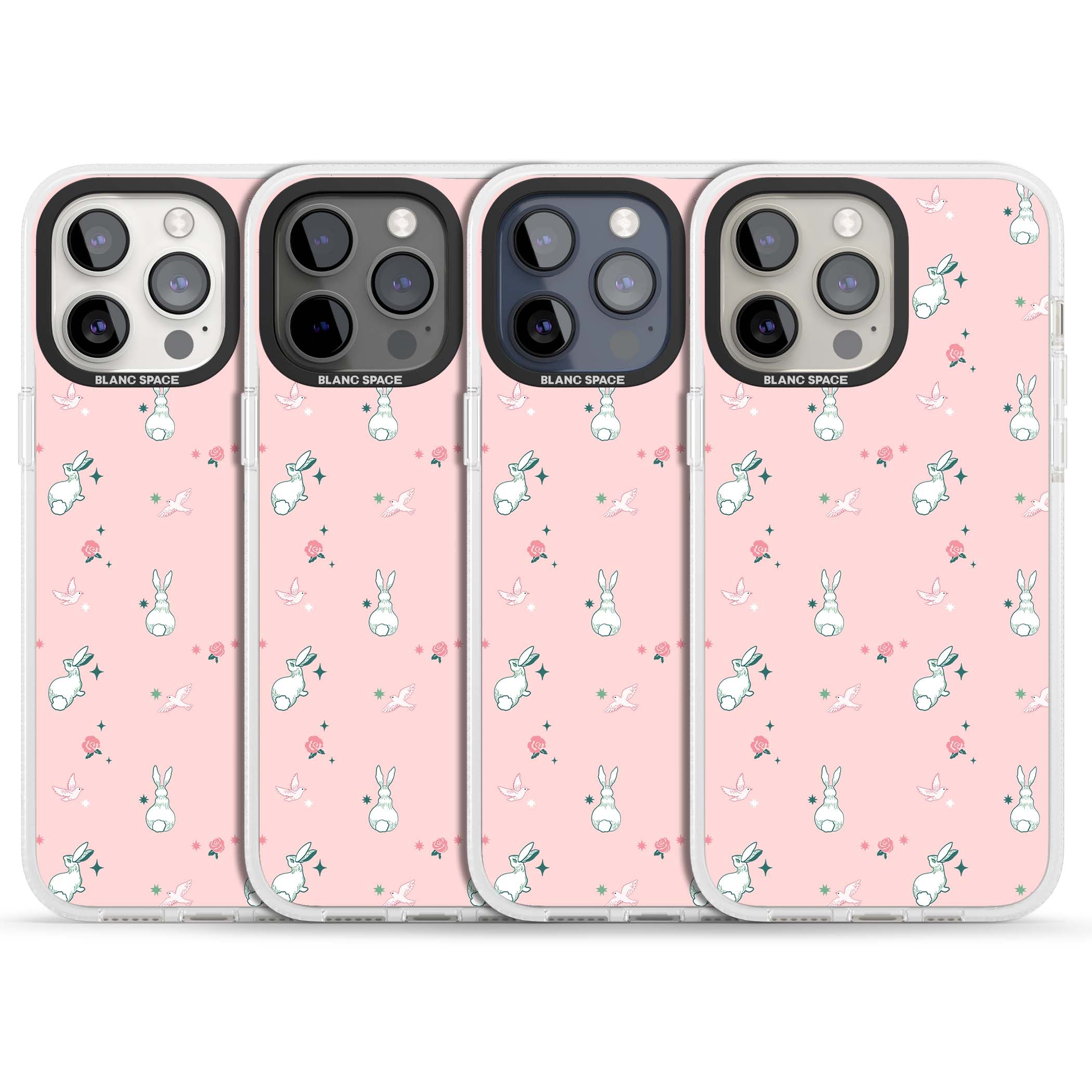 Bunny Garden kawaii iPhone case featuring white rabbits, pink roses, doves and stars on pink background | Clear Case Impact Air case for iPhone 15 Pro, iPhone 15 Pro Max
