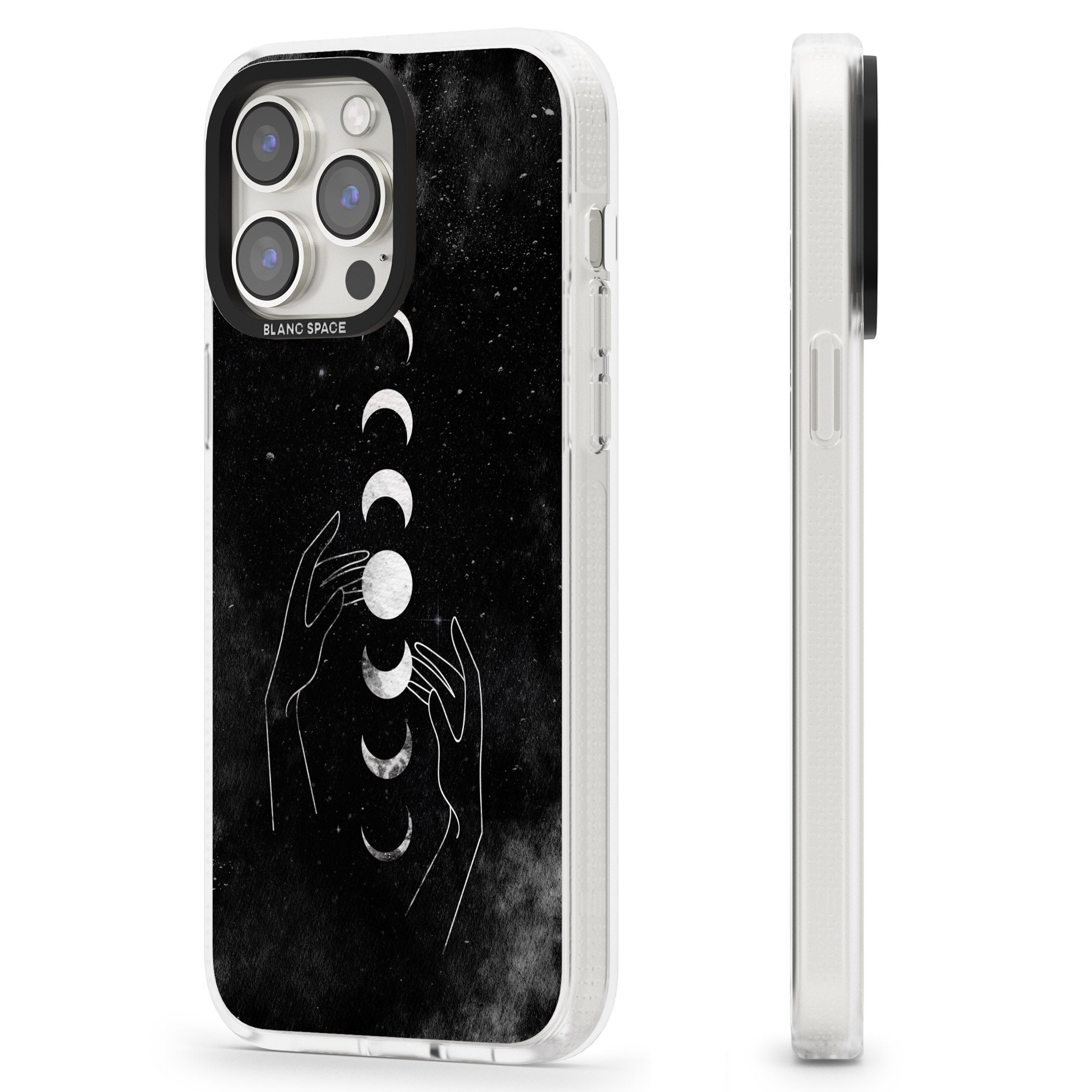 Moon Phases and Hands iPhone 15 Pro Max / 15 Pro / 14 Pro Max / 14 Pro / 13 Pro Clear Case Impact Air - Blanc Space