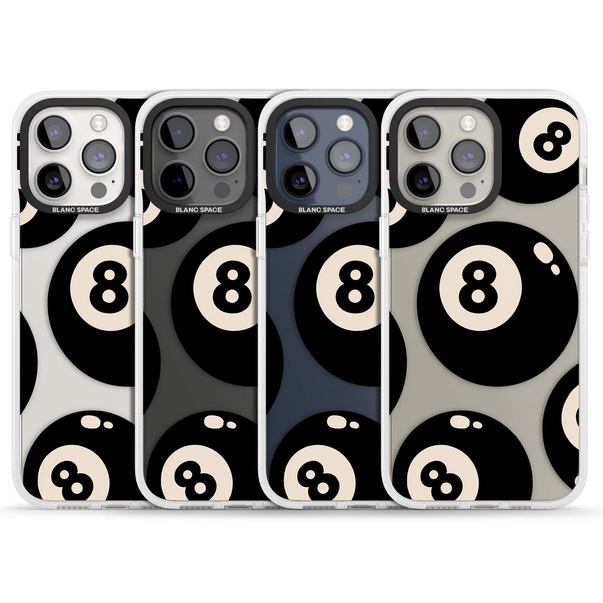Eights y2k iPhone case featuring scattered black 8 balls with cream highlights on a clear background | Clear Case Impact Air case for iPhone 15 Pro, iPhone 15 Pro Max