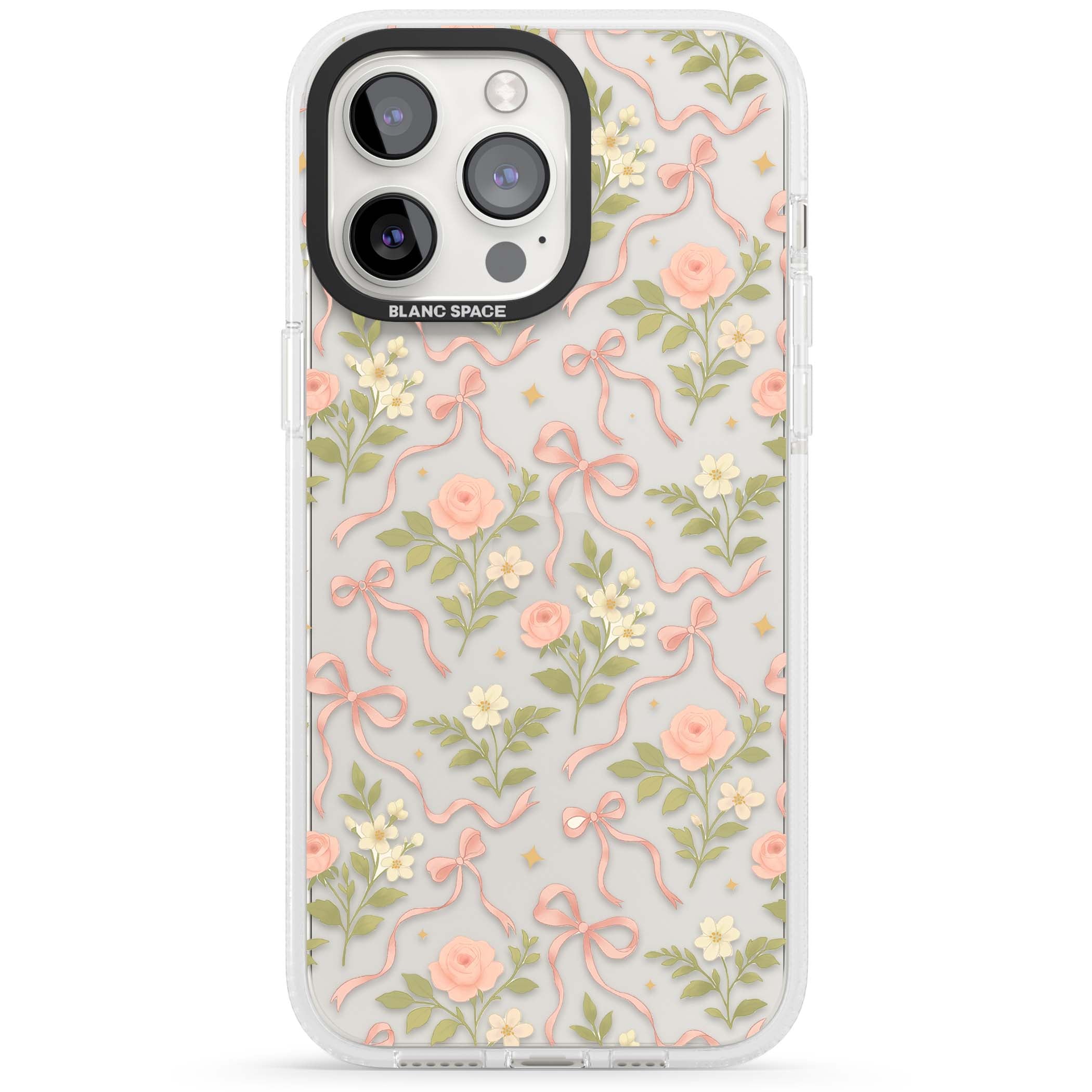 Ribbon Garden coquette iPhone case featuring pink bows, peach roses and wildflowers on white background | Clear Case Impact Air case for iPhone 15 Pro, iPhone 15 Pro Max