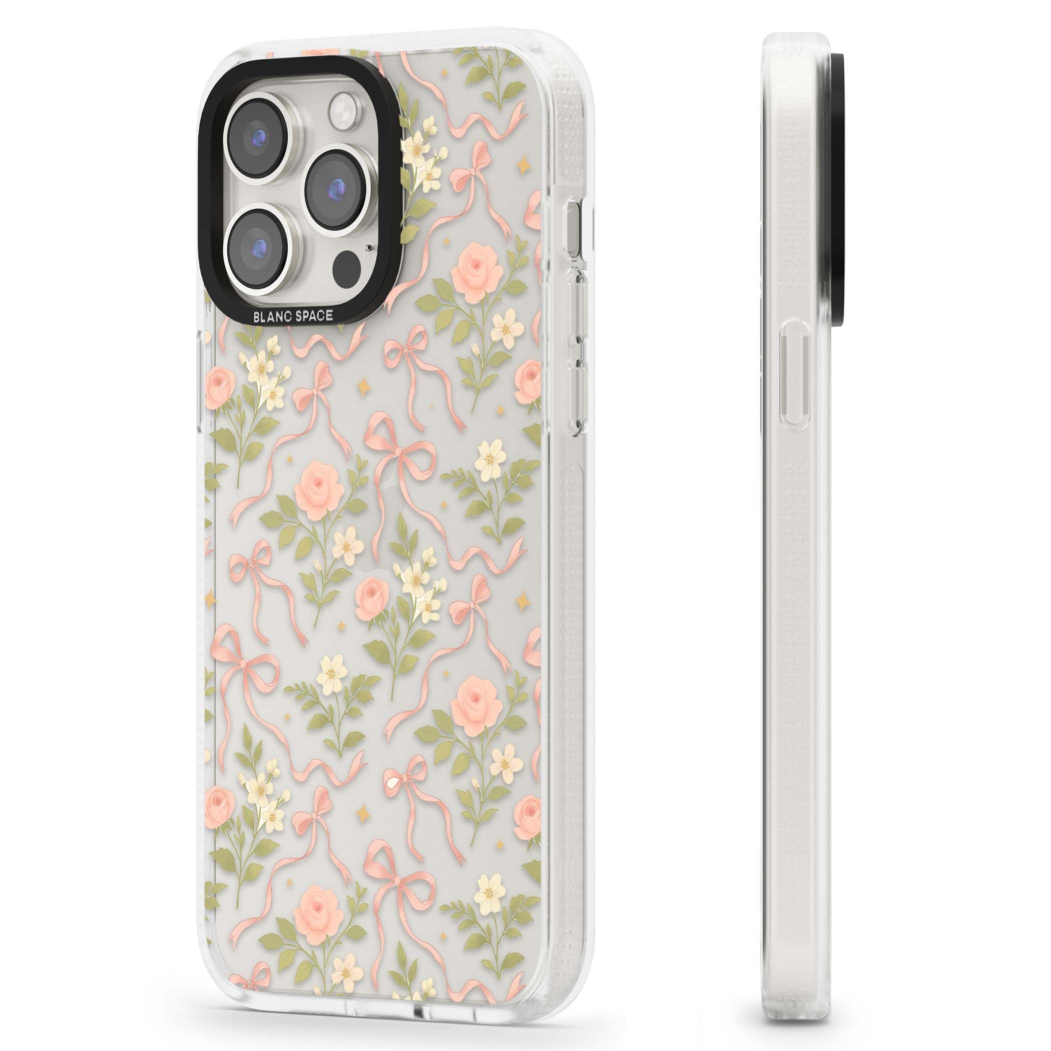 Ribbon Garden coquette iPhone case featuring pink bows, peach roses and wildflowers on white background | Clear Case Impact Air case for iPhone 15 Pro, iPhone 15 Pro Max