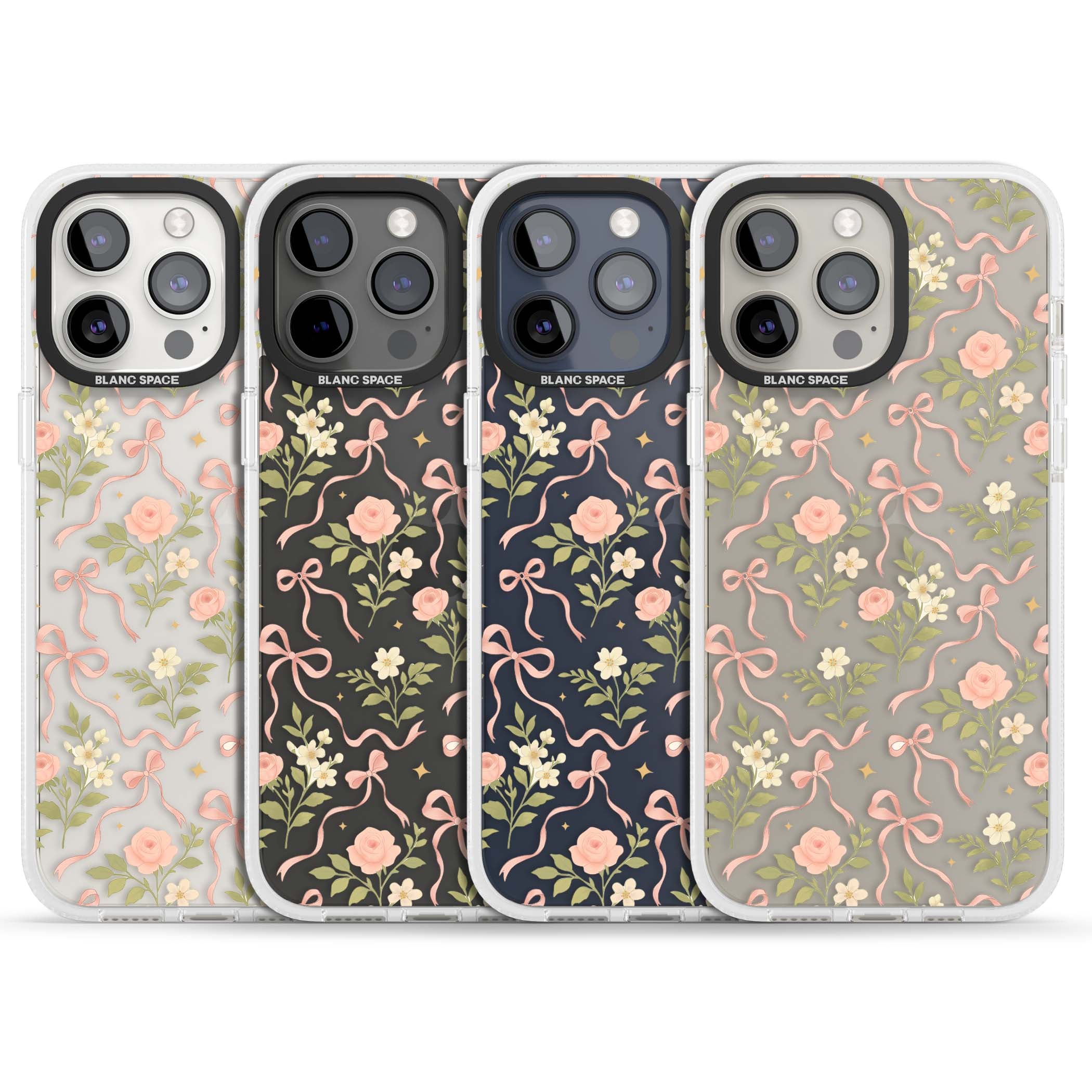 Ribbon Garden coquette iPhone case featuring pink bows, peach roses and wildflowers on white background | Clear Case Impact Air case for iPhone 15 Pro, iPhone 15 Pro Max