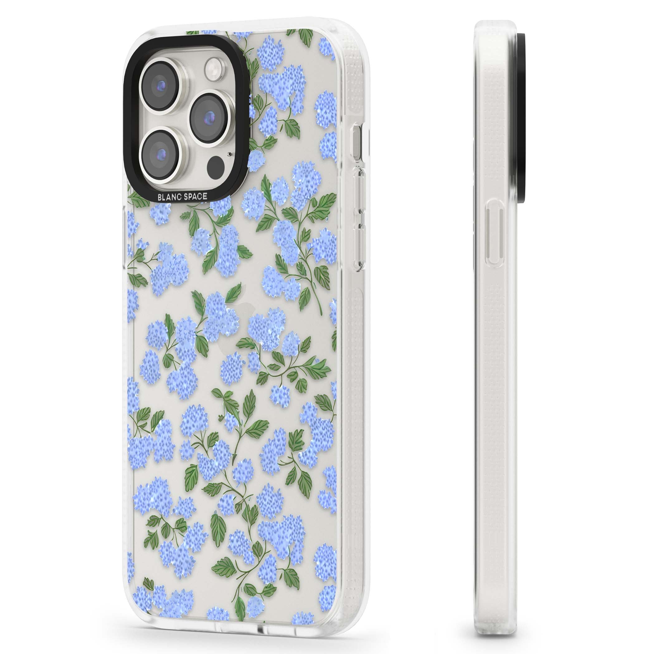 Hydrangea Dreams cottagecore iPhone case featuring soft blue hydrangea flower clusters and green leaves | Clear Case Impact Air case for iPhone 15 Pro, iPhone 15 Pro Max