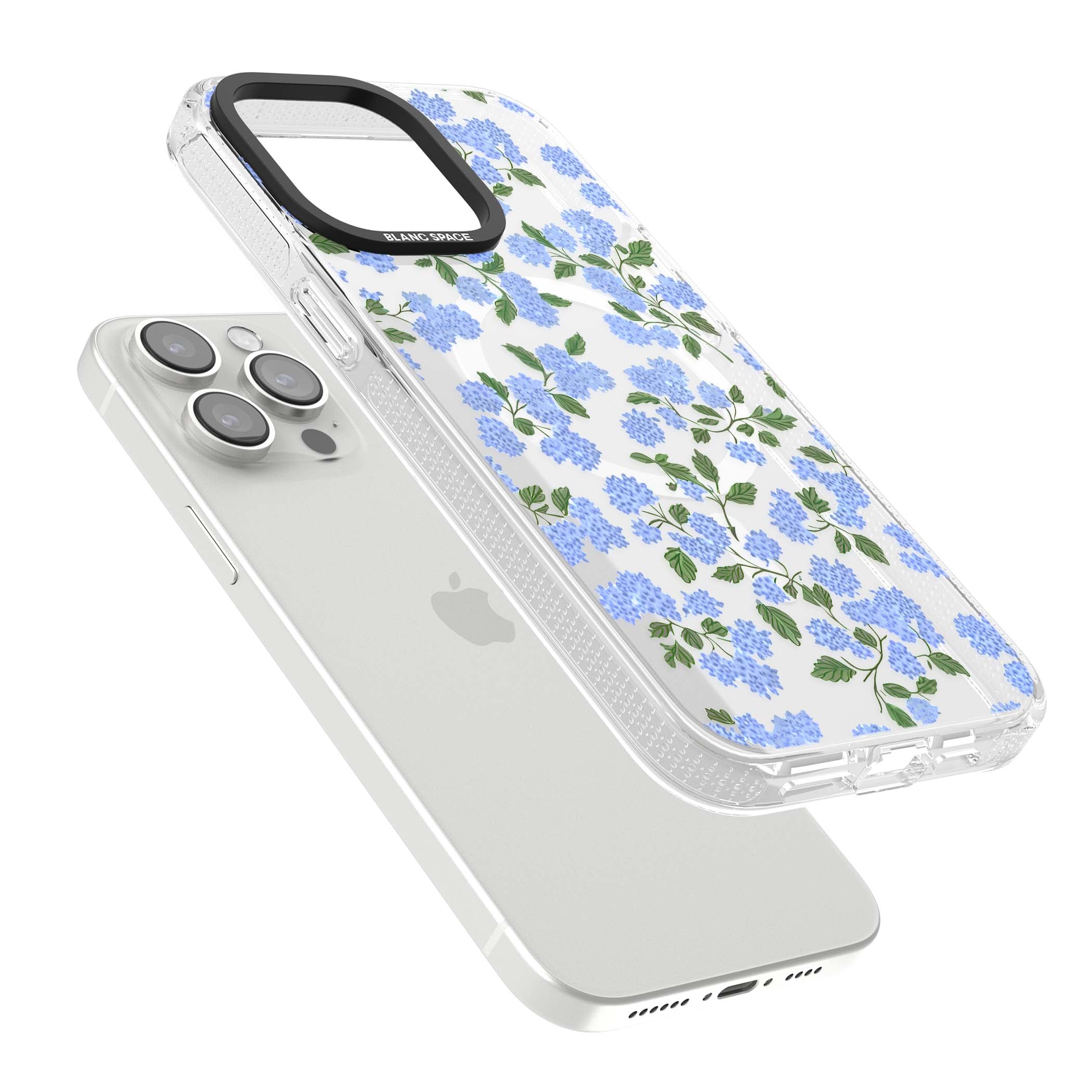 Hydrangea Dreams cottagecore iPhone case featuring soft blue hydrangea flower clusters and green leaves | Clear Case Impact Air case for iPhone 15 Pro, iPhone 15 Pro Max