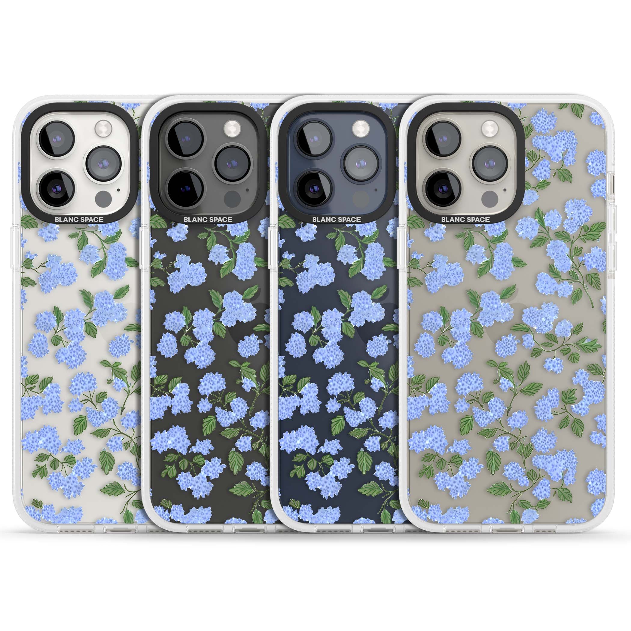 Hydrangea Dreams cottagecore iPhone case featuring soft blue hydrangea flower clusters and green leaves | Clear Case Impact Air case for iPhone 15 Pro, iPhone 15 Pro Max