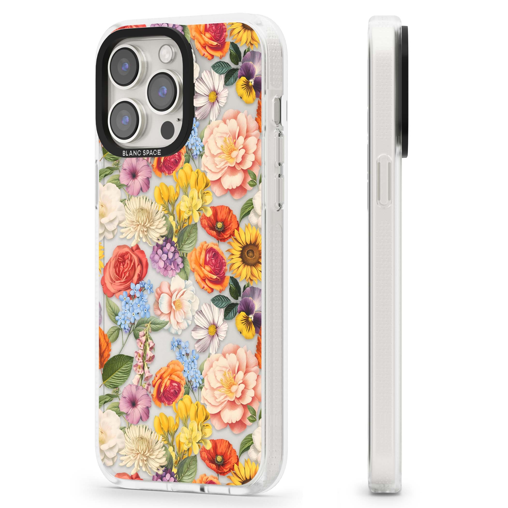Bloom Basket floral iPhone case featuring cottage garden flowers including peonies, sunflowers, and wildflowers in pastel col | Clear Case Impact Air case for iPhone 15 Pro, iPhone 15 Pro Max
