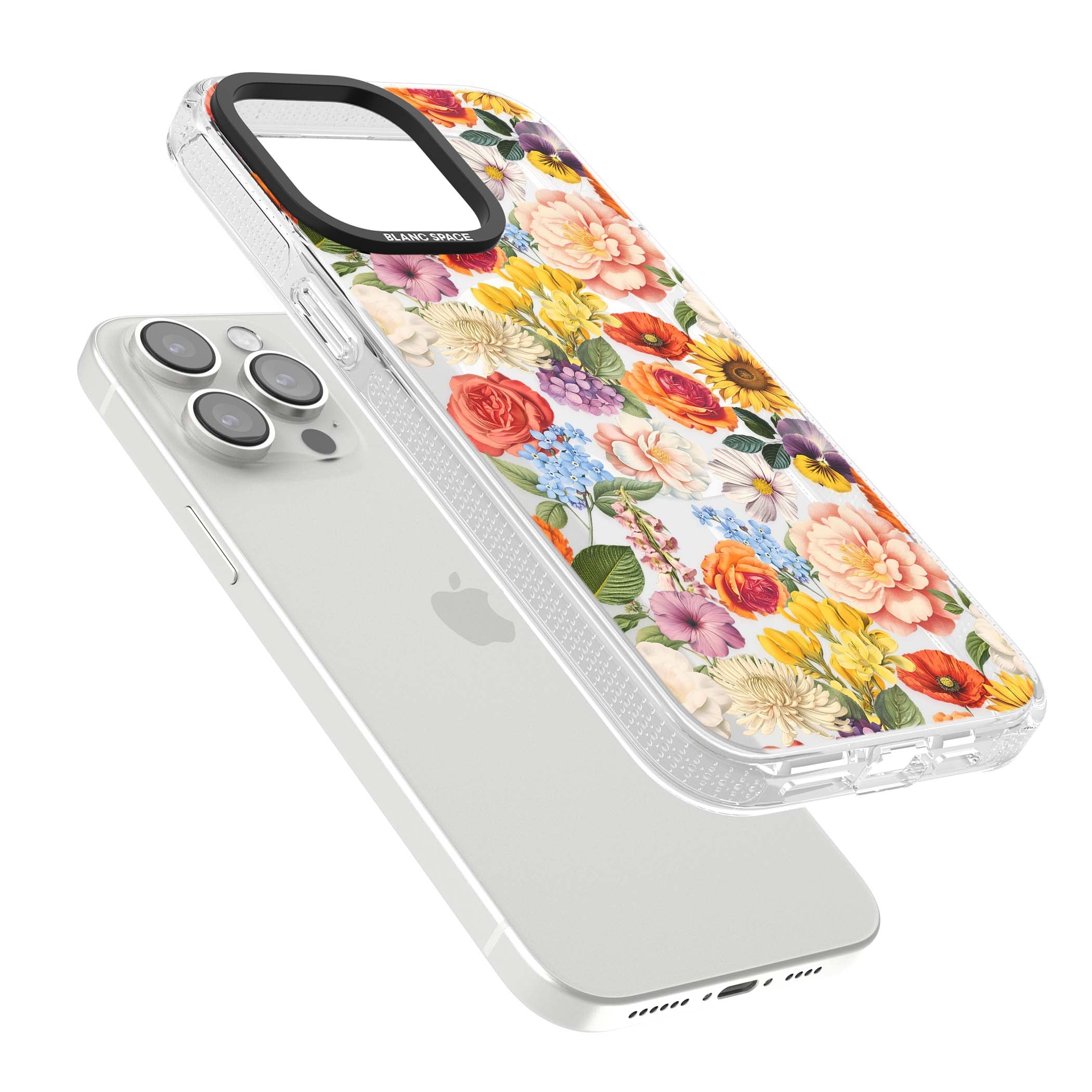 Bloom Basket floral iPhone case featuring cottage garden flowers including peonies, sunflowers, and wildflowers in pastel col | Clear Case Impact Air case for iPhone 15 Pro, iPhone 15 Pro Max