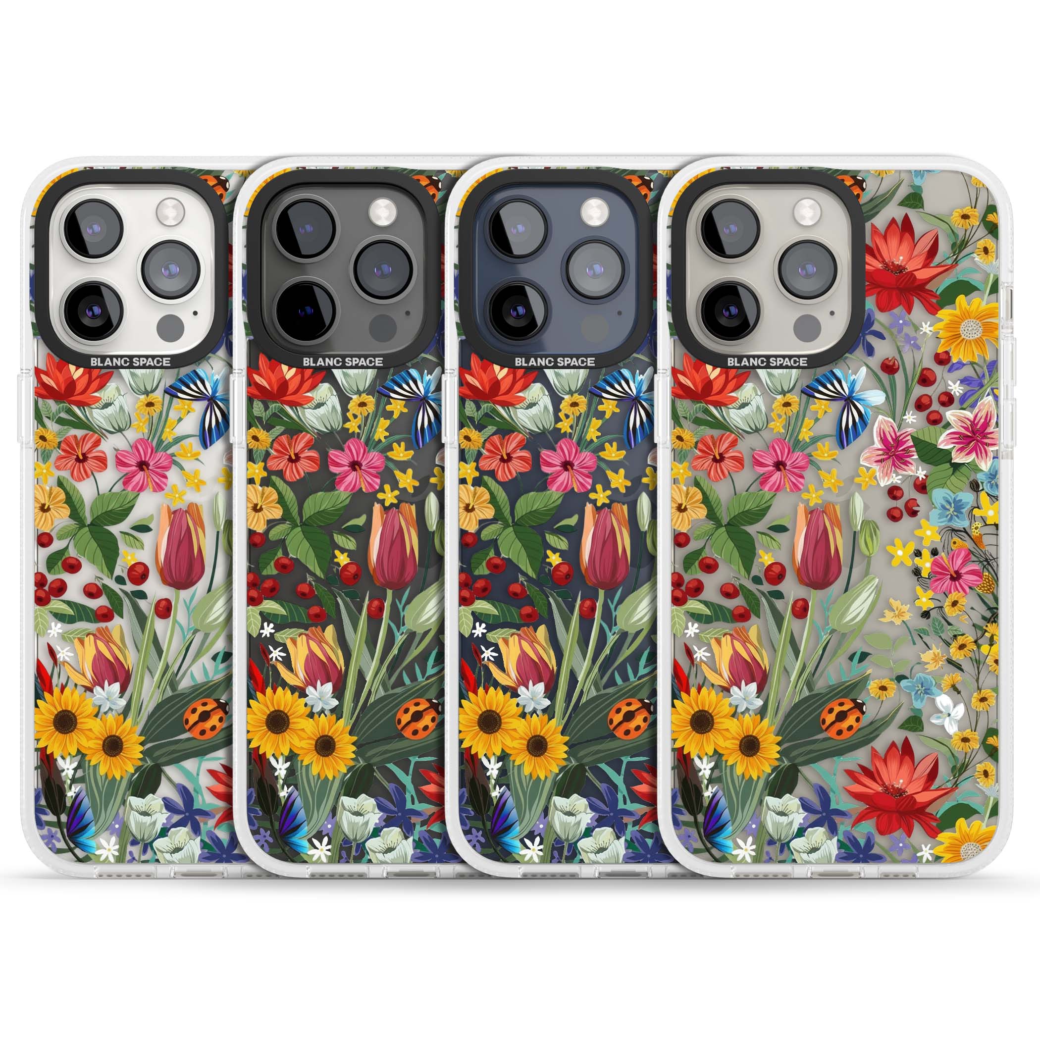 Botanical Bloom cottagecore iPhone case featuring colorful wildflowers, sunflowers, and ladybugs on clear background | Clear Case Impact Air case for iPhone 15 Pro, iPhone 15 Pro Max
