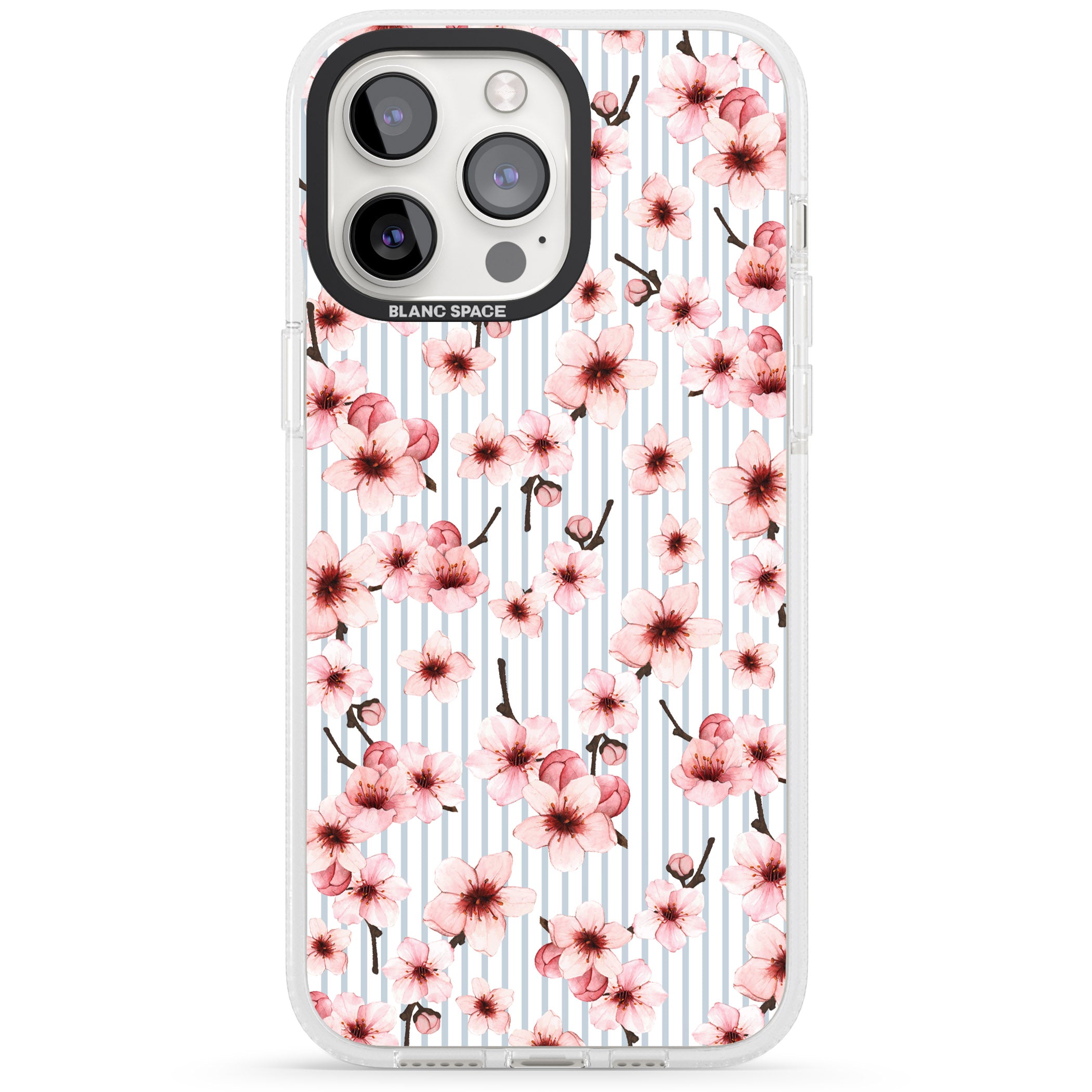 Cherry Blossoms on Blue Stripes Pattern iPhone 15 Pro Max / 15 Pro / 14 Pro Max / 14 Pro / 13 Pro Clear Case Impact Air - Blanc Space