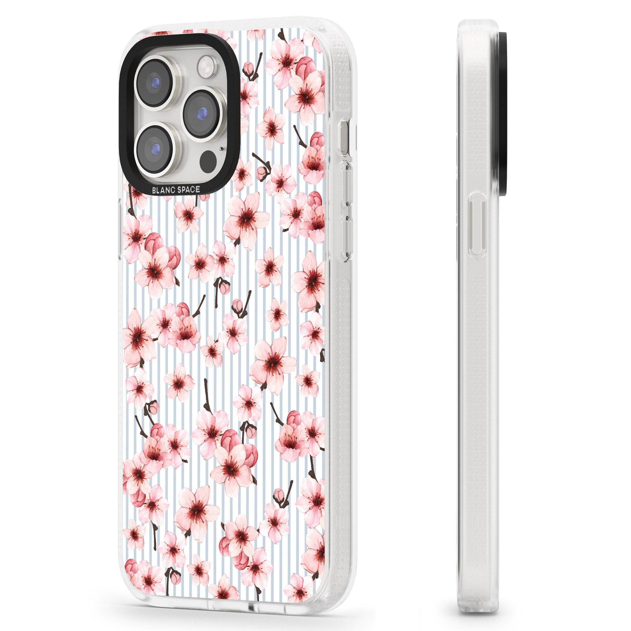 Cherry Blossoms on Blue Stripes Pattern iPhone 15 Pro Max / 15 Pro / 14 Pro Max / 14 Pro / 13 Pro Clear Case Impact Air - Blanc Space