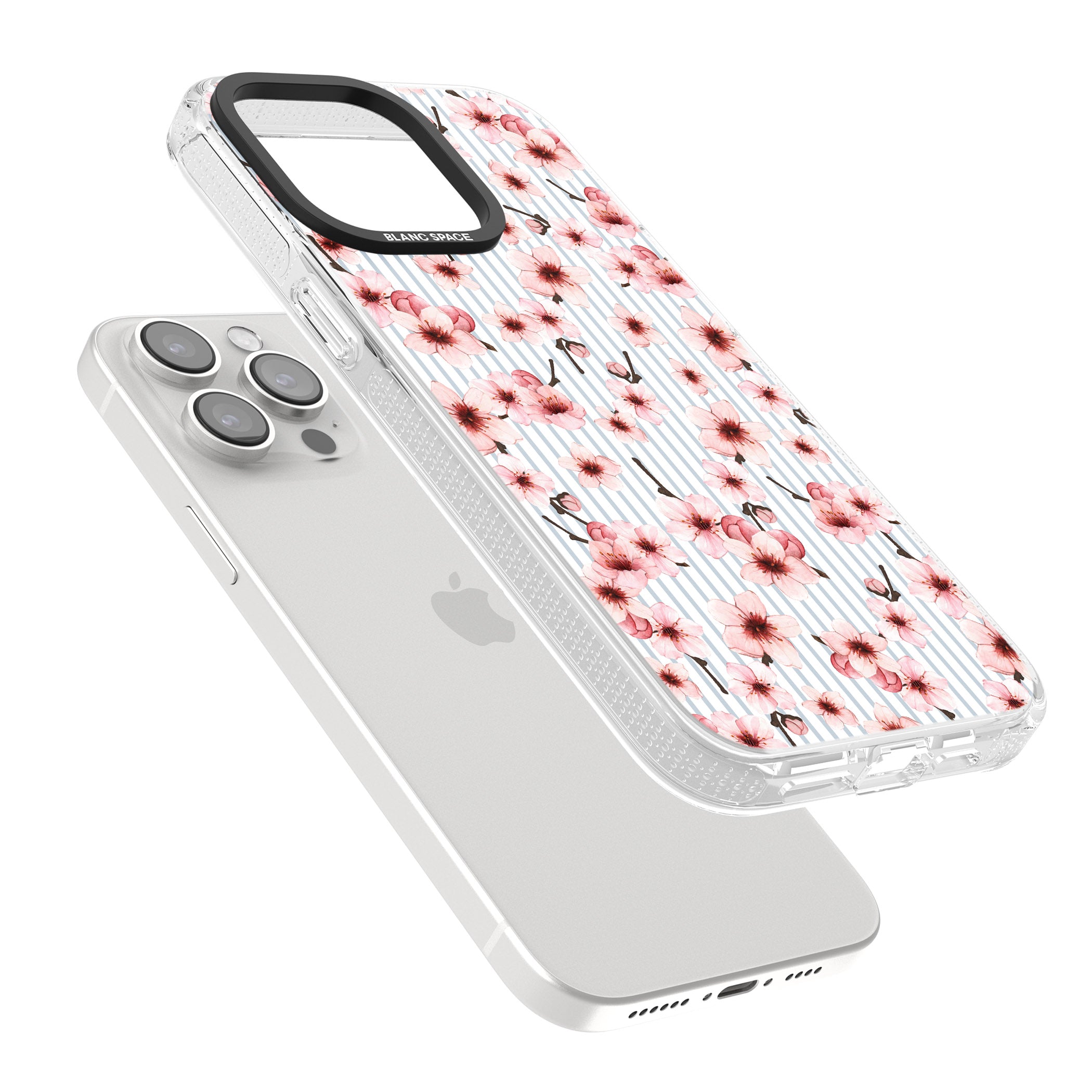 Cherry Blossoms on Blue Stripes Pattern iPhone 15 Pro Max / 15 Pro / 14 Pro Max / 14 Pro / 13 Pro Clear Case Impact Air - Blanc Space