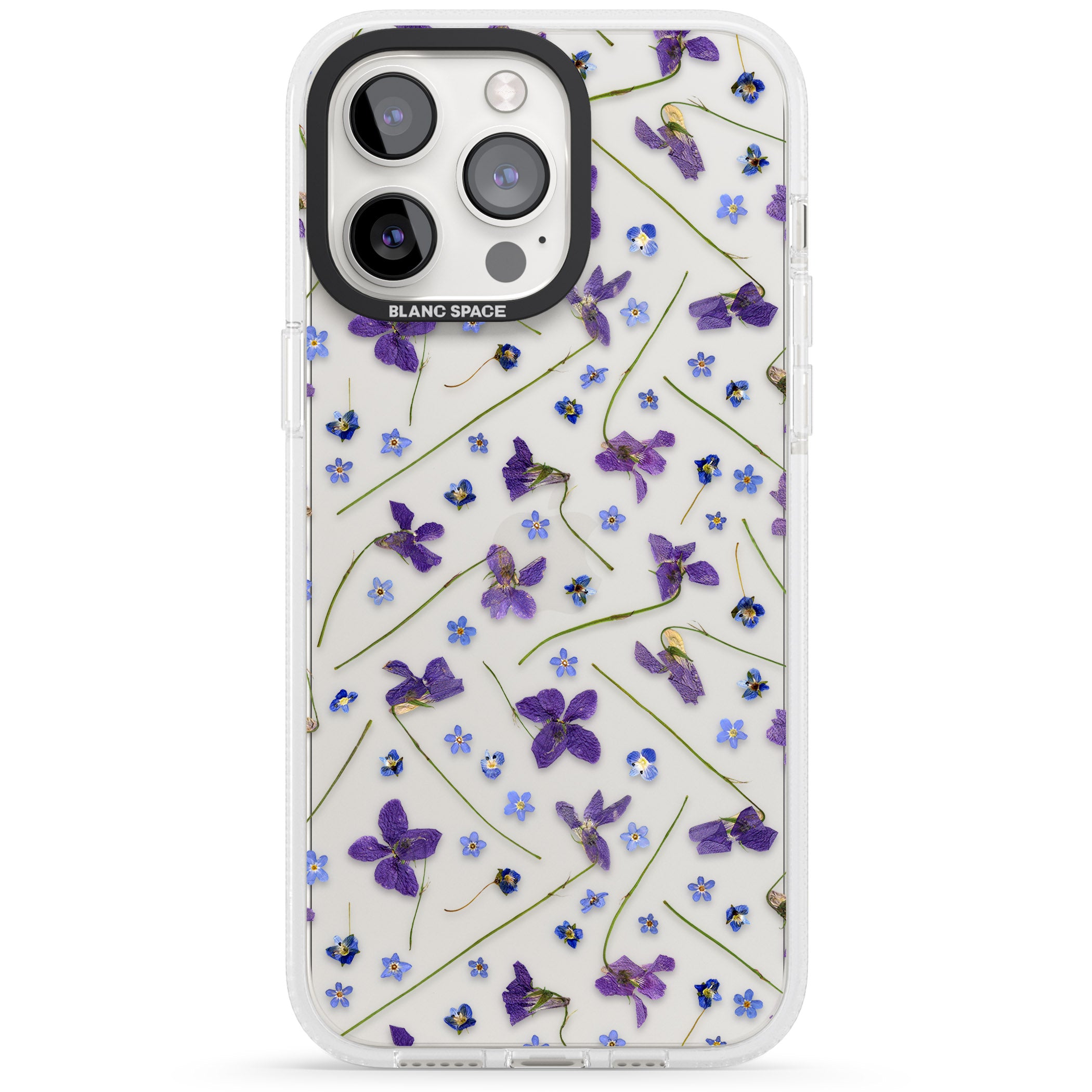Violet & Blue Floral Pattern Design iPhone 15 Pro Max / 15 Pro / 14 Pro Max / 14 Pro / 13 Pro Clear Case Impact Air - Blanc Space