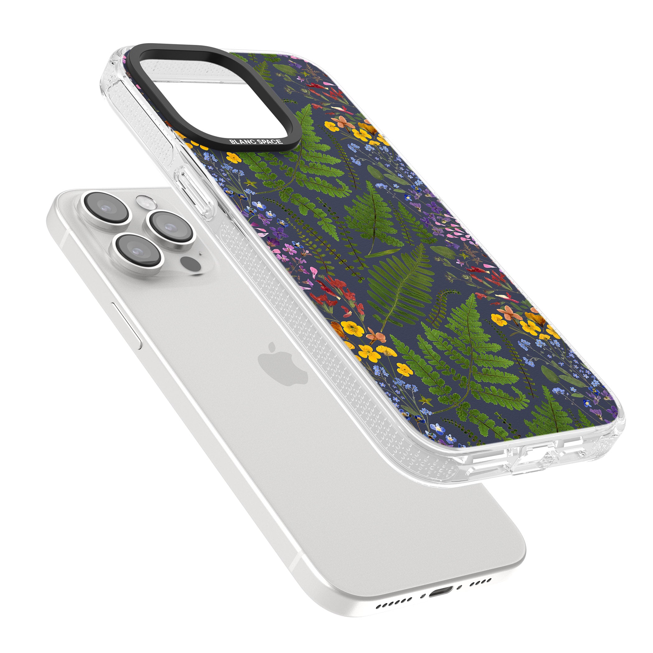 Busy Floral and Fern Design - Navy iPhone 15 Pro Max / 15 Pro / 14 Pro Max / 14 Pro / 13 Pro Clear Case Impact Air - Blanc Space