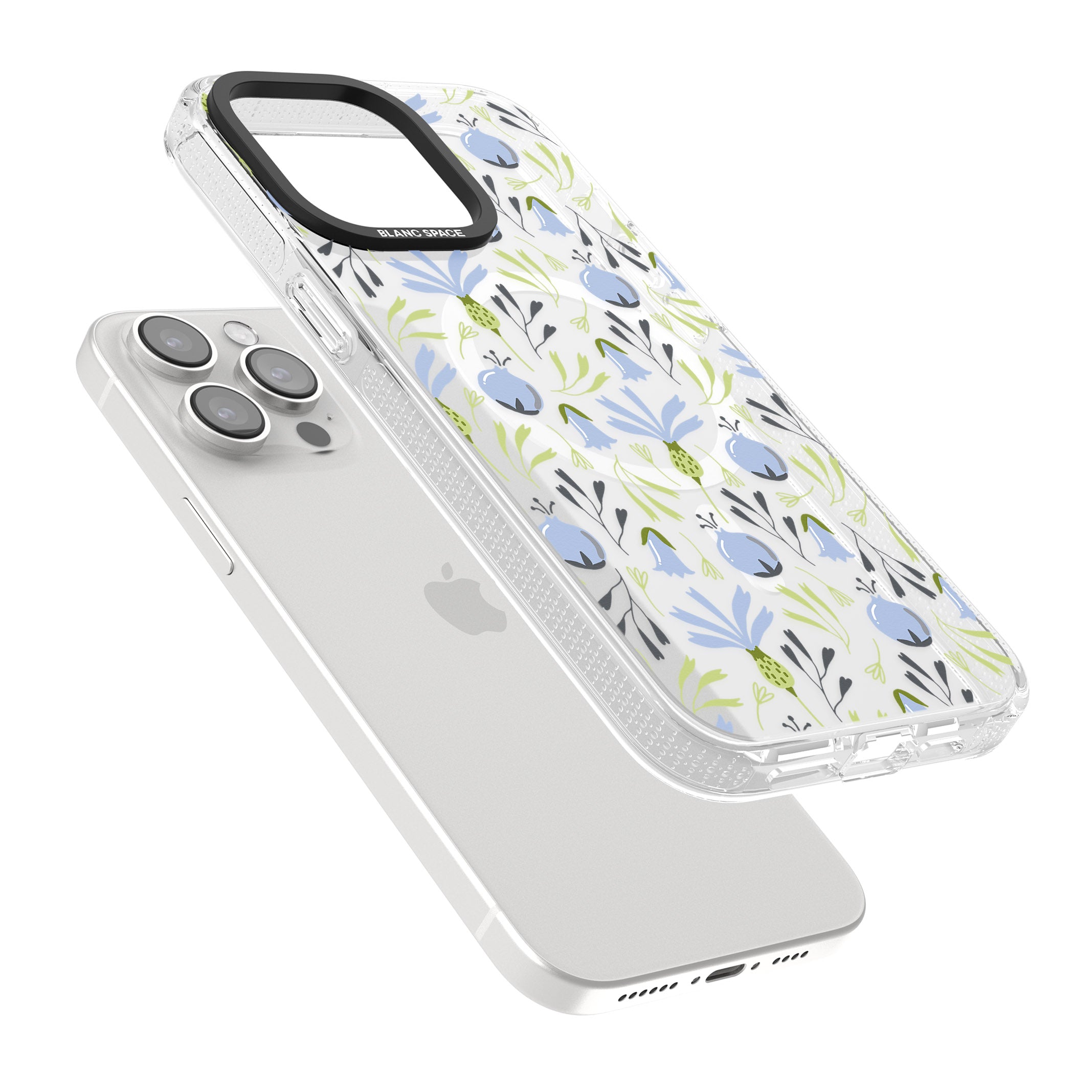 Blue Flora Transparent Floral iPhone 15 Pro Max / 15 Pro / 14 Pro Max / 14 Pro / 13 Pro Clear Case Impact Air - Blanc Space