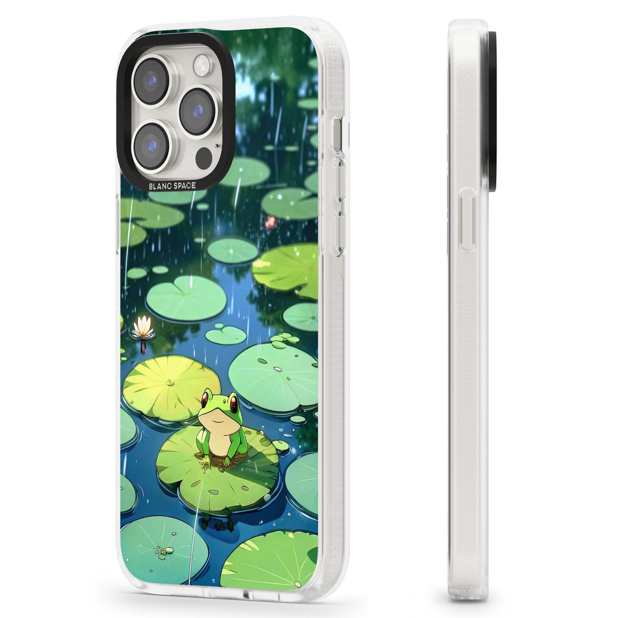 Frog In Lily Pond cottagecore iPhone case featuring a cute green frog on a lily pad with falling rain and a lotus flower | Clear Case Impact Air case for iPhone 15 Pro, iPhone 15 Pro Max